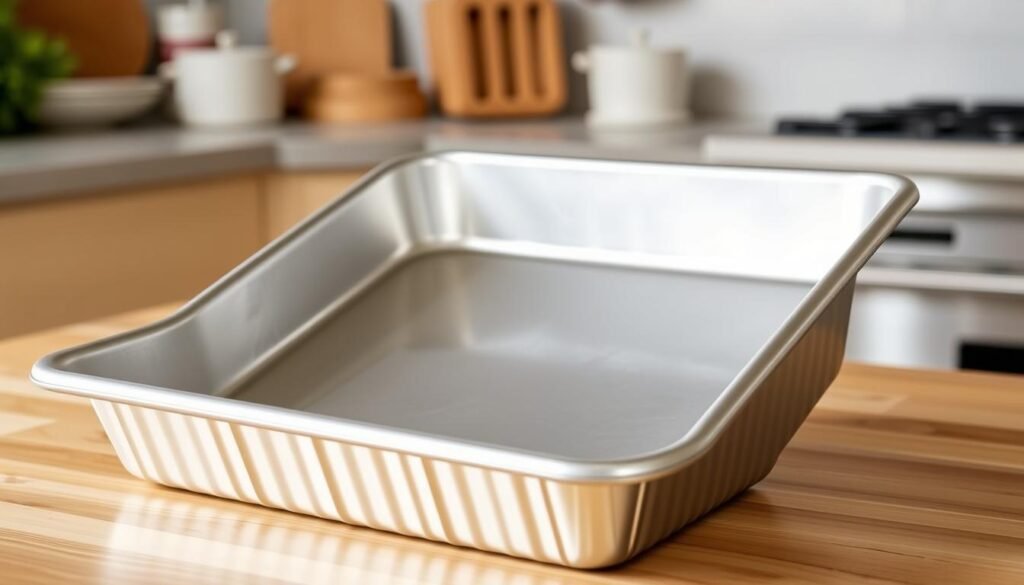 Generate an image of a heavy-gauge aluminum half-sheet pan (18"x13").