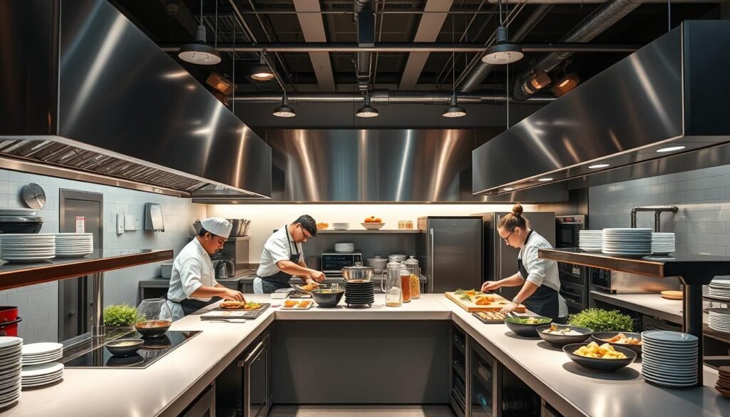Image of a cloud kitchen setup with modern equipment and staff preparing orders