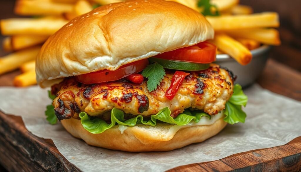 Image of a perfectly cooked boneless chicken thigh sandwich