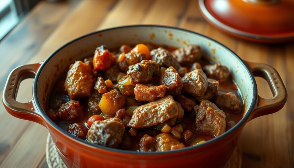 a beautifully lit, close-up photograph of a one-pot meal, showcasing a rich and savory stew or casserole with tender chunks of meat, colorful vegetables, and a thick, glossy sauce. The dish is presented in a rustic, enameled cast-iron pot on a wooden table, with a warm, natural lighting that casts a cozy, inviting glow. The composition emphasizes the hearty, homemade quality of the meal, drawing the viewer's attention to the enticing textures and aromas. The overall mood is one of comforting, wholesome nourishment, reflecting the practical application of a recipe philosophy focused on simplicity, flavor, and satisfaction.
