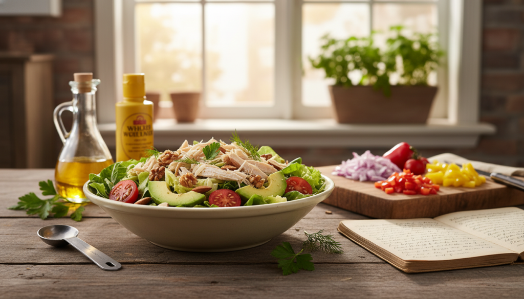 A beautifully arranged chicken salad on a rustic wooden table, showcasing vibrant colors and fresh ingredients. In the foreground, a bowl of chicken salad bursts with crisp greens, juicy cherry tomatoes, sliced avocados, and crunchy nuts, garnished with fresh herbs. Scattered around the bowl are tools and ingredients symbolizing tips and tricks: a measuring spoon, a bottle of olive oil, and a squeeze bottle of mustard. In the middle ground, an open recipe notebook with handwritten notes lies beside a cutting board filled with diced vegetables. The background features a sunlit kitchen with soft, warm lighting streaming through a window, creating an inviting and fresh atmosphere, perfect for easy lunches. The image is shot at a slightly overhead angle to capture the details of the salad and surrounding elements. A beautifully arranged chicken salad on a rustic wooden table, showcasing vibrant colors and fresh ingredients. In the foreground, a bowl of chicken salad bursts with crisp greens, juicy cherry tomatoes, sliced avocados, and crunchy nuts, garnished with fresh herbs. Scattered around the bowl are tools and ingredients symbolizing tips and tricks: a measuring spoon, a bottle of olive oil, and a squeeze bottle of mustard. In the middle ground, an open recipe notebook with handwritten notes lies beside a cutting board filled with diced vegetables. The background features a sunlit kitchen with soft, warm lighting streaming through a window, creating an inviting and fresh atmosphere, perfect for easy lunches. The image is shot at a slightly overhead angle to capture the details of the salad and surrounding elements.