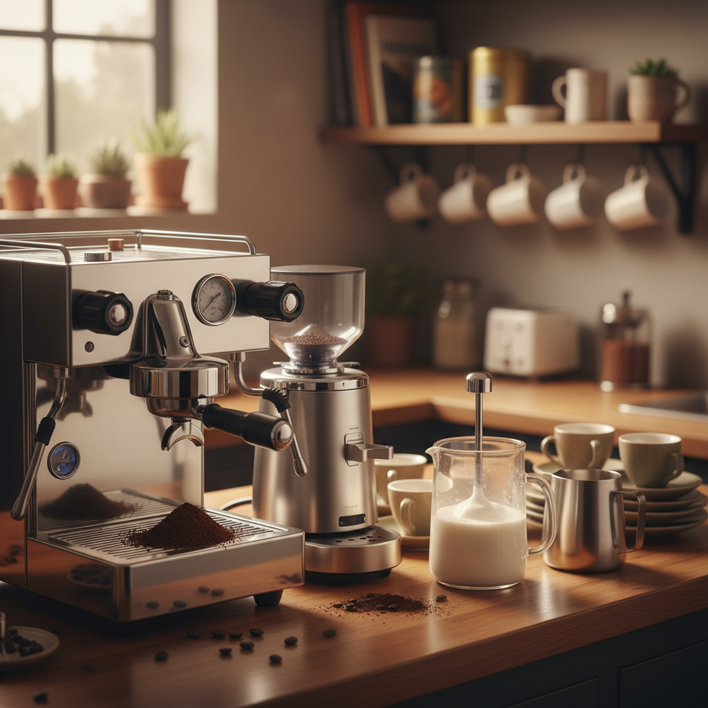A beautifully arranged coffee station featuring essential espresso drink equipment. In the foreground, a gleaming stainless steel espresso machine with precise pressure gauges and steam wands. Beside it, a compact grinder gleaming with freshly ground coffee beans spilling slightly onto a wooden counter. The middle ground showcases a variety of espresso cups and a manual frother, with rich, textured milk foam nearby, ready for cappuccino preparation. In the background, soft ambient lighting highlights a cozy kitchen atmosphere with wooden shelves filled with coffee-related books and accessories. The image is warm and inviting, evoking the charm of a personal coffee bar. The composition should be shot from a slightly elevated angle to capture all details, with a focus on clarity and warmth. A beautifully arranged coffee station featuring essential espresso drink equipment. In the foreground, a gleaming stainless steel espresso machine with precise pressure gauges and steam wands. Beside it, a compact grinder gleaming with freshly ground coffee beans spilling slightly onto a wooden counter. The middle ground showcases a variety of espresso cups and a manual frother, with rich, textured milk foam nearby, ready for cappuccino preparation. In the background, soft ambient lighting highlights a cozy kitchen atmosphere with wooden shelves filled with coffee-related books and accessories. The image is warm and inviting, evoking the charm of a personal coffee bar. The composition should be shot from a slightly elevated angle to capture all details, with a focus on clarity and warmth.