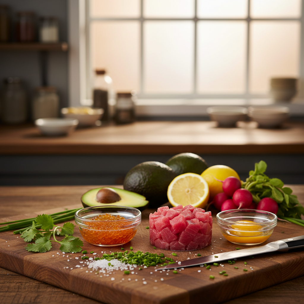 A beautifully arranged display of fresh ingredients for preparing tuna tartare, featuring vibrant red raw tuna cubes, glossy golden salmon caviar, and bright yellow egg yolks in elegant small bowls. In the foreground, a wooden cutting board is adorned with a sprinkle of sea salt and minced herbs like chives and cilantro. The middle ground includes a sharp knife and a few whole ingredients—ripe avocados, zesty lemons, and crunchy radishes. The background features soft-focus kitchen elements, like a rustic wooden table and a blurred out window with soft, natural light cascading in, creating a warm and inviting atmosphere. Capture this with a shallow depth of field to emphasize the freshness and colors of the ingredients, conveying a gourmet culinary mood. A beautifully arranged display of fresh ingredients for preparing tuna tartare, featuring vibrant red raw tuna cubes, glossy golden salmon caviar, and bright yellow egg yolks in elegant small bowls. In the foreground, a wooden cutting board is adorned with a sprinkle of sea salt and minced herbs like chives and cilantro. The middle ground includes a sharp knife and a few whole ingredients—ripe avocados, zesty lemons, and crunchy radishes. The background features soft-focus kitchen elements, like a rustic wooden table and a blurred out window with soft, natural light cascading in, creating a warm and inviting atmosphere. Capture this with a shallow depth of field to emphasize the freshness and colors of the ingredients, conveying a gourmet culinary mood.