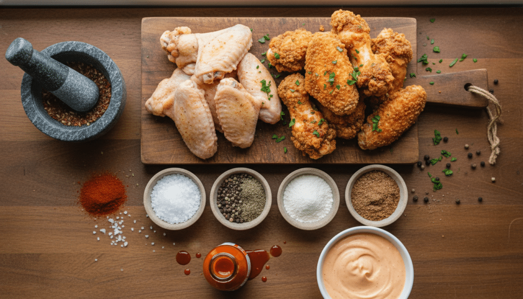 A beautifully arranged flat lay of essential ingredients for crispy chicken wings, featuring golden-brown crispy wings garnished with vibrant green parsley, surrounded by bowls of seasoning. Include coarse sea salt, black pepper, garlic powder, onion powder, and paprika. In the foreground, a small glass bottle of hot sauce and a dipping sauce in a bowl add vibrant color. The middle section showcases a cutting board with fresh chicken wings, and a mortar and pestle filled with spices. In the background, soft natural light streams from a window, creating an inviting atmosphere. The image should evoke a sense of warmth and delicious anticipation, perfect for game day festivities, with a focus on texture and freshness, shot from an overhead angle using a DSLR lens to capture every detail crisply. A beautifully arranged flat lay of essential ingredients for crispy chicken wings, featuring golden-brown crispy wings garnished with vibrant green parsley, surrounded by bowls of seasoning. Include coarse sea salt, black pepper, garlic powder, onion powder, and paprika. In the foreground, a small glass bottle of hot sauce and a dipping sauce in a bowl add vibrant color. The middle section showcases a cutting board with fresh chicken wings, and a mortar and pestle filled with spices. In the background, soft natural light streams from a window, creating an inviting atmosphere. The image should evoke a sense of warmth and delicious anticipation, perfect for game day festivities, with a focus on texture and freshness, shot from an overhead angle using a DSLR lens to capture every detail crisply.