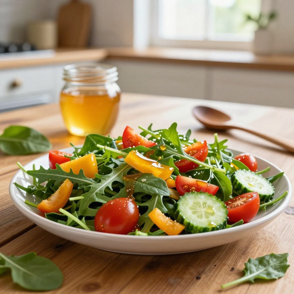 A beautifully arranged honey vegetable salad showcased on a rustic wooden table. In the foreground, vibrant greens like arugula and spinach are mixed with colorful diced bell peppers, cherry tomatoes, and thinly sliced cucumbers, glistening with a light honey vinaigrette. Honey drizzles delicately over the salad, adding a touch of golden color. In the middle ground, a soft-focus glass jar of honey sits alongside a wooden spoon, suggesting freshness and simplicity. The background reveals a warm, sunlit kitchen with soft, natural light pouring in through a window, creating a cozy atmosphere. The overall mood is inviting and fresh, perfect for a health-conscious audience. The camera angle is slightly above eye level, looking down on the salad to enhance its appeal. A beautifully arranged honey vegetable salad showcased on a rustic wooden table. In the foreground, vibrant greens like arugula and spinach are mixed with colorful diced bell peppers, cherry tomatoes, and thinly sliced cucumbers, glistening with a light honey vinaigrette. Honey drizzles delicately over the salad, adding a touch of golden color. In the middle ground, a soft-focus glass jar of honey sits alongside a wooden spoon, suggesting freshness and simplicity. The background reveals a warm, sunlit kitchen with soft, natural light pouring in through a window, creating a cozy atmosphere. The overall mood is inviting and fresh, perfect for a health-conscious audience. The camera angle is slightly above eye level, looking down on the salad to enhance its appeal.