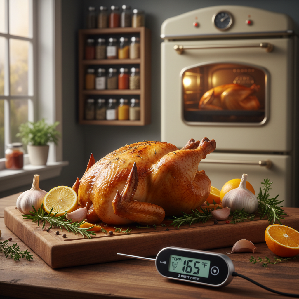 A beautifully arranged kitchen scene featuring a succulent roast chicken on a wooden cutting board, surrounded by fresh herbs, garlic, and citrus fruits. In the foreground, a digital meat thermometer displays the recommended internal temperature of 165°F, emphasizing the importance of temperature guidelines for juicy chicken. In the middle background, a well-stocked spice rack adds color, and a vintage oven can be seen baking another chicken, with a warm light emanating from it. The atmosphere is warm and inviting, with soft, natural sunlight filtering through a window, creating a cozy setting. The lens captures a slightly angled view to highlight the delicious details of the chicken and the cooking process, inviting viewers into the art of perfectly roasted poultry. The overall mood is appetizing and educational, with a focus on culinary mastery. A beautifully arranged kitchen scene featuring a succulent roast chicken on a wooden cutting board, surrounded by fresh herbs, garlic, and citrus fruits. In the foreground, a digital meat thermometer displays the recommended internal temperature of 165°F, emphasizing the importance of temperature guidelines for juicy chicken. In the middle background, a well-stocked spice rack adds color, and a vintage oven can be seen baking another chicken, with a warm light emanating from it. The atmosphere is warm and inviting, with soft, natural sunlight filtering through a window, creating a cozy setting. The lens captures a slightly angled view to highlight the delicious details of the chicken and the cooking process, inviting viewers into the art of perfectly roasted poultry. The overall mood is appetizing and educational, with a focus on culinary mastery.
