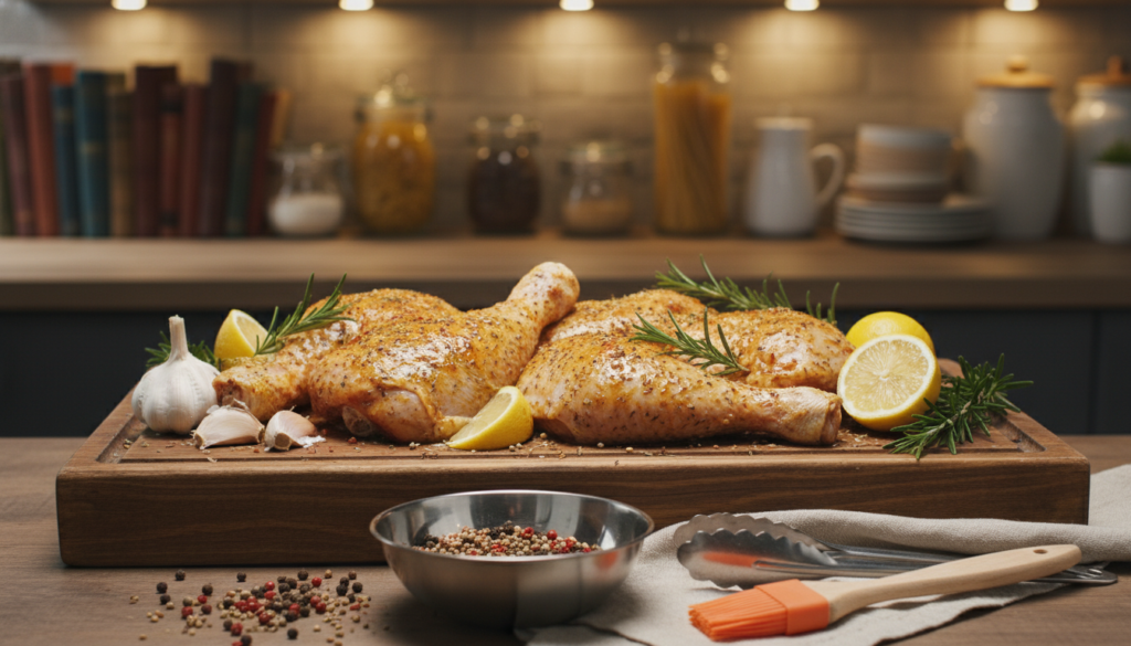 A beautifully arranged kitchen scene featuring a wooden cutting board with marinated chicken legs prepared for baking or roasting. In the foreground, the chicken legs, glistening with olive oil and herbs, have a rustic appearance. Surrounding the chicken, fresh ingredients like garlic cloves, rosemary sprigs, and lemon wedges add vibrant colors. In the middle ground, a sleek stainless steel bowl holds a mix of spices, while a few cooking utensils like a basting brush and a pair of tongs can be seen. The cozy kitchen background features warm lighting from above, creating an inviting atmosphere, with soft-focus kitchen shelves lined with cookbooks and jars. The overall mood is warm and homely, ideal for weeknight dinners. A beautifully arranged kitchen scene featuring a wooden cutting board with marinated chicken legs prepared for baking or roasting. In the foreground, the chicken legs, glistening with olive oil and herbs, have a rustic appearance. Surrounding the chicken, fresh ingredients like garlic cloves, rosemary sprigs, and lemon wedges add vibrant colors. In the middle ground, a sleek stainless steel bowl holds a mix of spices, while a few cooking utensils like a basting brush and a pair of tongs can be seen. The cozy kitchen background features warm lighting from above, creating an inviting atmosphere, with soft-focus kitchen shelves lined with cookbooks and jars. The overall mood is warm and homely, ideal for weeknight dinners.