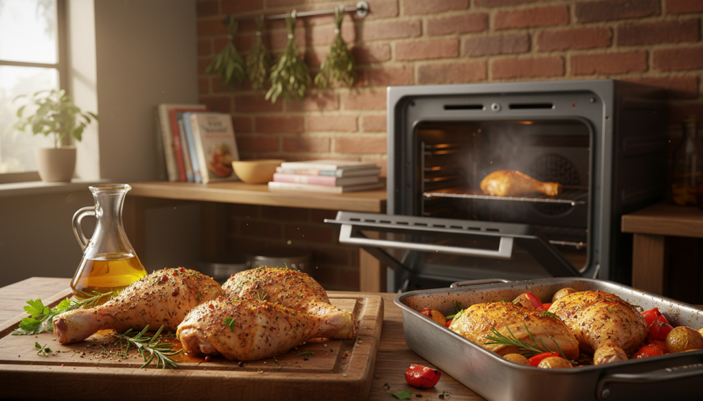 A beautifully arranged kitchen scene showcasing baking and roasting methods for chicken legs. In the foreground, a wooden cutting board holds perfectly seasoned chicken legs with herbs and spices, drizzled with olive oil. A silver roasting pan sits nearby, glistening after use, with a couple of cooked chicken legs resting on a bed of colorful vegetables, like carrots and potatoes. In the middle, the oven is partially open, revealing a golden-brown chicken leg sizzling inside, with steam wafting out. The background features rustic kitchen elements like hanging herbs and vibrant cookbooks, warmly lit by soft, natural sunlight streaming in through a window. The mood is inviting and homey, perfect for inspiring easy weeknight dinner ideas. A beautifully arranged kitchen scene showcasing baking and roasting methods for chicken legs. In the foreground, a wooden cutting board holds perfectly seasoned chicken legs with herbs and spices, drizzled with olive oil. A silver roasting pan sits nearby, glistening after use, with a couple of cooked chicken legs resting on a bed of colorful vegetables, like carrots and potatoes. In the middle, the oven is partially open, revealing a golden-brown chicken leg sizzling inside, with steam wafting out. The background features rustic kitchen elements like hanging herbs and vibrant cookbooks, warmly lit by soft, natural sunlight streaming in through a window. The mood is inviting and homey, perfect for inspiring easy weeknight dinner ideas.