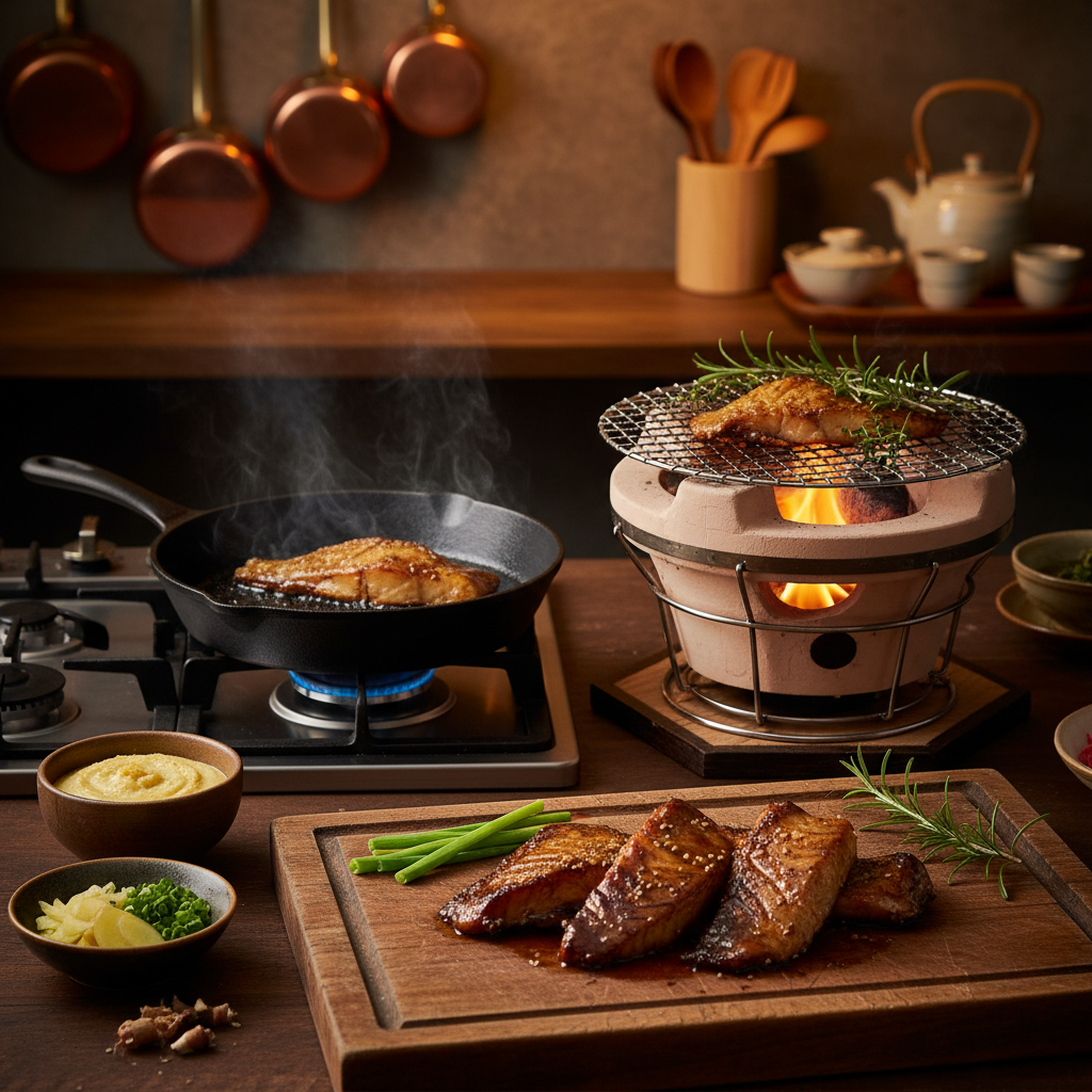 A beautifully arranged kitchen scene showcasing various cooking methods for preparing Miso Black Cod. In the foreground, an elegant wooden cutting board displays marinated black cod fillets alongside miso paste, fresh ginger, and scallions. The middle layer features a stovetop with a sizzling pan, where a portion of the fish is expertly seared, creating a crispy exterior. To the right, a traditional Japanese grill (shichirin) is emitting a gentle flame, with another piece of black cod slowly cooking over it, surrounded by aromatic herbs. In the background, soft, warm lighting enhances the inviting kitchen atmosphere, with hanging utensils and a subtle glimpse of a Japanese tea set. The overall mood conveys warmth, expertise, and a focus on culinary art, capturing the essence of cooking methods for perfect Miso Black Cod. A beautifully arranged kitchen scene showcasing various cooking methods for preparing Miso Black Cod. In the foreground, an elegant wooden cutting board displays marinated black cod fillets alongside miso paste, fresh ginger, and scallions. The middle layer features a stovetop with a sizzling pan, where a portion of the fish is expertly seared, creating a crispy exterior. To the right, a traditional Japanese grill (shichirin) is emitting a gentle flame, with another piece of black cod slowly cooking over it, surrounded by aromatic herbs. In the background, soft, warm lighting enhances the inviting kitchen atmosphere, with hanging utensils and a subtle glimpse of a Japanese tea set. The overall mood conveys warmth, expertise, and a focus on culinary art, capturing the essence of cooking methods for perfect Miso Black Cod.