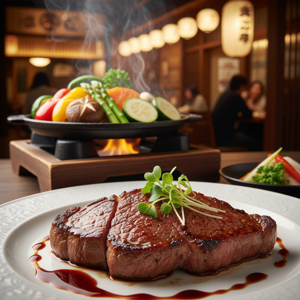 A beautifully arranged plate of A5-Grade Japanese Wagyu Beef, showcasing the exquisite marbling and rich texture of the meat. The foreground features a perfectly seared steak with a glossy, caramelized crust, garnished with delicate microgreens and a drizzle of soy-based sauce. The middle ground includes a traditional wooden toban (griddle), heated and emitting a gentle steam, accompanied by colorful seasonal vegetables. In the background, softly blurred, is the warm ambiance of a Japanese restaurant with wooden accents and ambient lighting that creates an inviting atmosphere. Use a shallow depth of field to emphasize the steak and vegetables, capturing the juicy detail in high resolution, with warm lighting that enhances the richness of the colors, evoking a luxurious dining experience. A beautifully arranged plate of A5-Grade Japanese Wagyu Beef, showcasing the exquisite marbling and rich texture of the meat. The foreground features a perfectly seared steak with a glossy, caramelized crust, garnished with delicate microgreens and a drizzle of soy-based sauce. The middle ground includes a traditional wooden toban (griddle), heated and emitting a gentle steam, accompanied by colorful seasonal vegetables. In the background, softly blurred, is the warm ambiance of a Japanese restaurant with wooden accents and ambient lighting that creates an inviting atmosphere. Use a shallow depth of field to emphasize the steak and vegetables, capturing the juicy detail in high resolution, with warm lighting that enhances the richness of the colors, evoking a luxurious dining experience.