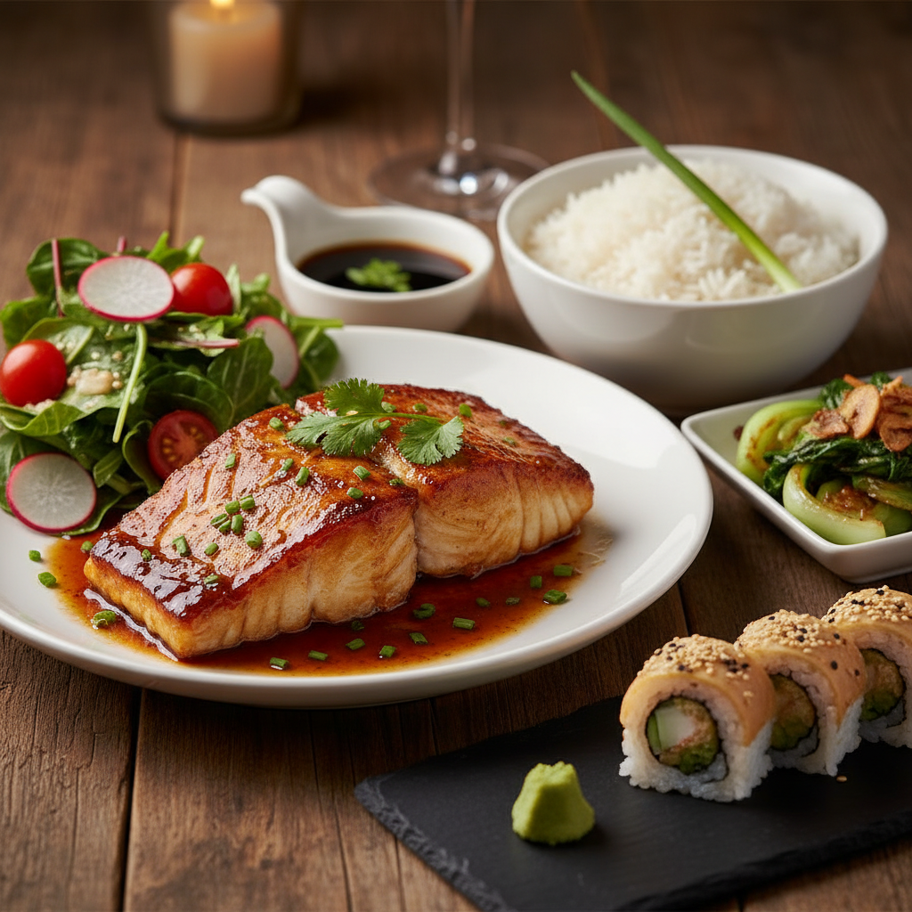 A beautifully arranged plate of miso black cod as the centerpiece, glistening with a caramelized glaze, garnished with fresh herbs. Surrounding the fish are elegant, colorful side dishes: a vibrant salad featuring mixed greens, cherry tomatoes, and thinly sliced radishes; a small bowl of steamed jasmine rice; and a portion of sautéed bok choy with garlic. In the background, a rustic wooden table, softly lit with warm, ambient lighting, creates an inviting atmosphere. A delicate sushi roll on a stylish platter complements the dish. The scene is shot from a slightly elevated angle, highlighting texture and colors, evoking a cozy yet sophisticated dining experience perfect for entertaining. A beautifully arranged plate of miso black cod as the centerpiece, glistening with a caramelized glaze, garnished with fresh herbs. Surrounding the fish are elegant, colorful side dishes: a vibrant salad featuring mixed greens, cherry tomatoes, and thinly sliced radishes; a small bowl of steamed jasmine rice; and a portion of sautéed bok choy with garlic. In the background, a rustic wooden table, softly lit with warm, ambient lighting, creates an inviting atmosphere. A delicate sushi roll on a stylish platter complements the dish. The scene is shot from a slightly elevated angle, highlighting texture and colors, evoking a cozy yet sophisticated dining experience perfect for entertaining.