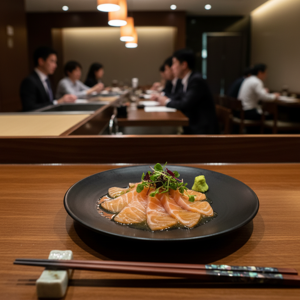 A beautifully arranged plate of new style salmon sashimi, featuring thinly sliced salmon drizzled with a citrusy ponzu sauce, adorned with fresh wasabi and microgreens. In the foreground, an elegant pair of chopsticks rests beside the plate, ready for use. The middle ground showcases a stylish, modern restaurant ambiance with a wooden sushi bar and polished counter, dimly lit with warm lighting that casts a cozy glow over the scene. Ambient light reflects softly on the sashimi, highlighting its fresh texture and vibrant colors. In the background, blurred silhouettes of patrons in professional business attire enjoy their meal, evoking a sophisticated dining experience. The overall mood is warm and inviting, perfect for culinary exploration at a high-end sushi restaurant. A beautifully arranged plate of new style salmon sashimi, featuring thinly sliced salmon drizzled with a citrusy ponzu sauce, adorned with fresh wasabi and microgreens. In the foreground, an elegant pair of chopsticks rests beside the plate, ready for use. The middle ground showcases a stylish, modern restaurant ambiance with a wooden sushi bar and polished counter, dimly lit with warm lighting that casts a cozy glow over the scene. Ambient light reflects softly on the sashimi, highlighting its fresh texture and vibrant colors. In the background, blurred silhouettes of patrons in professional business attire enjoy their meal, evoking a sophisticated dining experience. The overall mood is warm and inviting, perfect for culinary exploration at a high-end sushi restaurant.