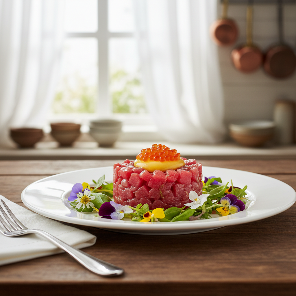 A beautifully arranged plate of tuna tartare, displayed elegantly on a pristine white plate. The tartare features finely diced, bright red tuna, topped with glistening salmon caviar and a delicate drizzle of rich egg yolk sauce. Surrounding the tartare, vibrant edible flowers and microgreens add color and freshness. In the foreground, a polished silver fork rests beside the plate. The middle ground reveals a soft focus of a rustic wooden table, enhancing the homey yet upscale atmosphere. The background softly blurs into a warm, inviting kitchen setting illuminated by natural light streaming through a window, creating a cozy yet refined mood. The image captures an intimate, gourmet dining experience, with a shallow depth of field emphasizing the exquisite presentation of the dish. A beautifully arranged plate of tuna tartare, displayed elegantly on a pristine white plate. The tartare features finely diced, bright red tuna, topped with glistening salmon caviar and a delicate drizzle of rich egg yolk sauce. Surrounding the tartare, vibrant edible flowers and microgreens add color and freshness. In the foreground, a polished silver fork rests beside the plate. The middle ground reveals a soft focus of a rustic wooden table, enhancing the homey yet upscale atmosphere. The background softly blurs into a warm, inviting kitchen setting illuminated by natural light streaming through a window, creating a cozy yet refined mood. The image captures an intimate, gourmet dining experience, with a shallow depth of field emphasizing the exquisite presentation of the dish.