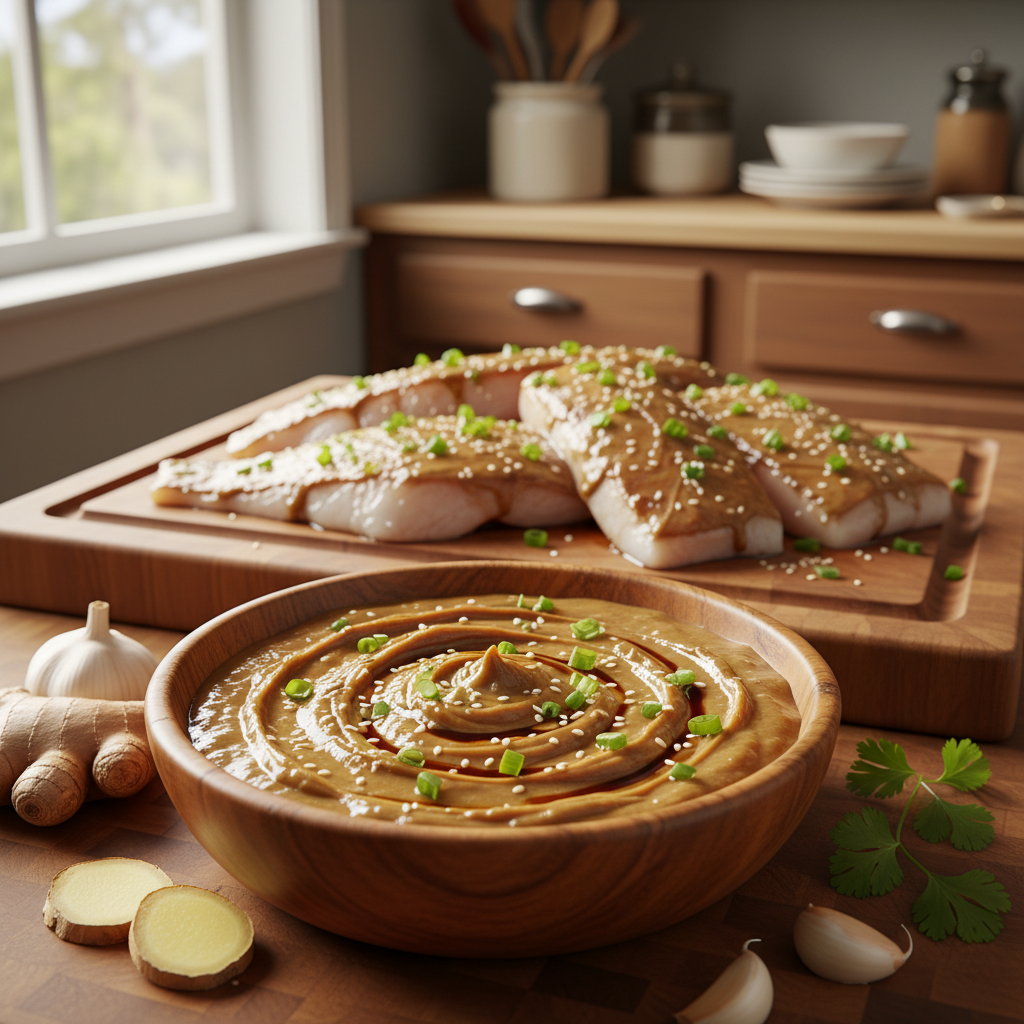 A beautifully arranged scene showcasing a bowl of rich, creamy miso marinade for fish. In the foreground, a wooden bowl filled with a glossy miso mixture, speckled with chopped green onions, sesame seeds, and a drizzle of soy sauce, reflecting the scrumptious colors and textures. Surrounding the bowl, fresh ingredients like ginger, garlic, and a sprig of cilantro add vibrant pops of color. In the middle ground, a cutting board is adorned with fillets of black cod, marinating gracefully in the miso, with a subtle sheen indicating freshness and flavor. The background features a softly lit kitchen with warm wooden cabinets and cooking utensils, creating a cozy atmosphere. The scene is illuminated with natural light from a nearby window, casting gentle shadows that evoke a sense of home cooking and warmth. The overall mood is inviting and appetizing, perfect for showcasing the art of marinating fish. A beautifully arranged scene showcasing a bowl of rich, creamy miso marinade for fish. In the foreground, a wooden bowl filled with a glossy miso mixture, speckled with chopped green onions, sesame seeds, and a drizzle of soy sauce, reflecting the scrumptious colors and textures. Surrounding the bowl, fresh ingredients like ginger, garlic, and a sprig of cilantro add vibrant pops of color. In the middle ground, a cutting board is adorned with fillets of black cod, marinating gracefully in the miso, with a subtle sheen indicating freshness and flavor. The background features a softly lit kitchen with warm wooden cabinets and cooking utensils, creating a cozy atmosphere. The scene is illuminated with natural light from a nearby window, casting gentle shadows that evoke a sense of home cooking and warmth. The overall mood is inviting and appetizing, perfect for showcasing the art of marinating fish.