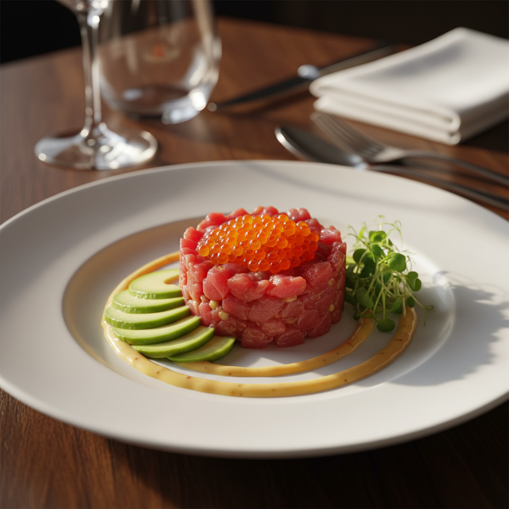 A beautifully arranged seafood dish featuring tuna tartare, garnished with vibrant salmon caviar and a rich egg yolk sauce. In the foreground, the dish is elegantly plated on a sleek white ceramic plate, showcasing the bright colors of the fish and caviar. Thin slices of fresh avocado and microgreens surround the tartare, adding texture and freshness. In the middle ground, a polished wooden table is slightly blurred, enhancing the focus on the dish. Soft, warm lighting illuminates the scene, casting gentle shadows and creating a cozy, inviting atmosphere. A blurred background hints at a sophisticated dining setting, with subtle hints of utensils and glassware, evoking a sense of fine dining. The overall mood is luxurious and appetizing, perfect for a gourmet seafood experience. A beautifully arranged seafood dish featuring tuna tartare, garnished with vibrant salmon caviar and a rich egg yolk sauce. In the foreground, the dish is elegantly plated on a sleek white ceramic plate, showcasing the bright colors of the fish and caviar. Thin slices of fresh avocado and microgreens surround the tartare, adding texture and freshness. In the middle ground, a polished wooden table is slightly blurred, enhancing the focus on the dish. Soft, warm lighting illuminates the scene, casting gentle shadows and creating a cozy, inviting atmosphere. A blurred background hints at a sophisticated dining setting, with subtle hints of utensils and glassware, evoking a sense of fine dining. The overall mood is luxurious and appetizing, perfect for a gourmet seafood experience.