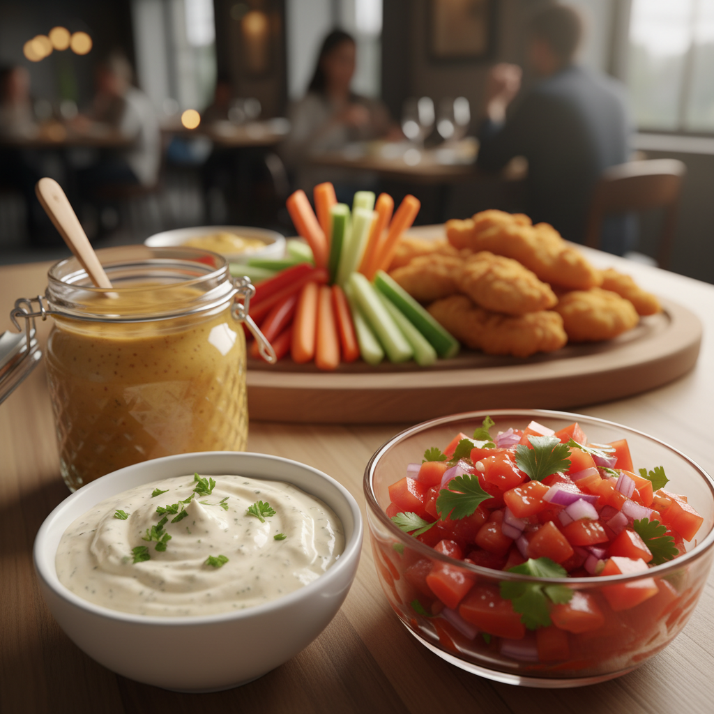 A beautifully arranged table featuring an assortment of flavorful dips perfect for chicken appetizers. In the foreground, a small white bowl of creamy garlic aioli, textured with crushed garlic and topped with fresh parsley, sits next to a vibrant, chunky salsa with diced tomatoes, onions, and cilantro. A tangy honey mustard dip, housed in a rustic jar, adds rustic charm. In the middle ground, an elegant wooden platter displays crunchy vegetable sticks and crispy chicken tenders, invitingly placed for dipping. Soft, warm lighting bathes the scene, creating a cozy atmosphere, while the background features a blurred, softly lit dining setting that suggests a gathering. The angle captures the inviting nature of the dips, emphasizing their textures and colors, evoking a sense of delightful indulgence and flavor. A beautifully arranged table featuring an assortment of flavorful dips perfect for chicken appetizers. In the foreground, a small white bowl of creamy garlic aioli, textured with crushed garlic and topped with fresh parsley, sits next to a vibrant, chunky salsa with diced tomatoes, onions, and cilantro. A tangy honey mustard dip, housed in a rustic jar, adds rustic charm. In the middle ground, an elegant wooden platter displays crunchy vegetable sticks and crispy chicken tenders, invitingly placed for dipping. Soft, warm lighting bathes the scene, creating a cozy atmosphere, while the background features a blurred, softly lit dining setting that suggests a gathering. The angle captures the inviting nature of the dips, emphasizing their textures and colors, evoking a sense of delightful indulgence and flavor.
