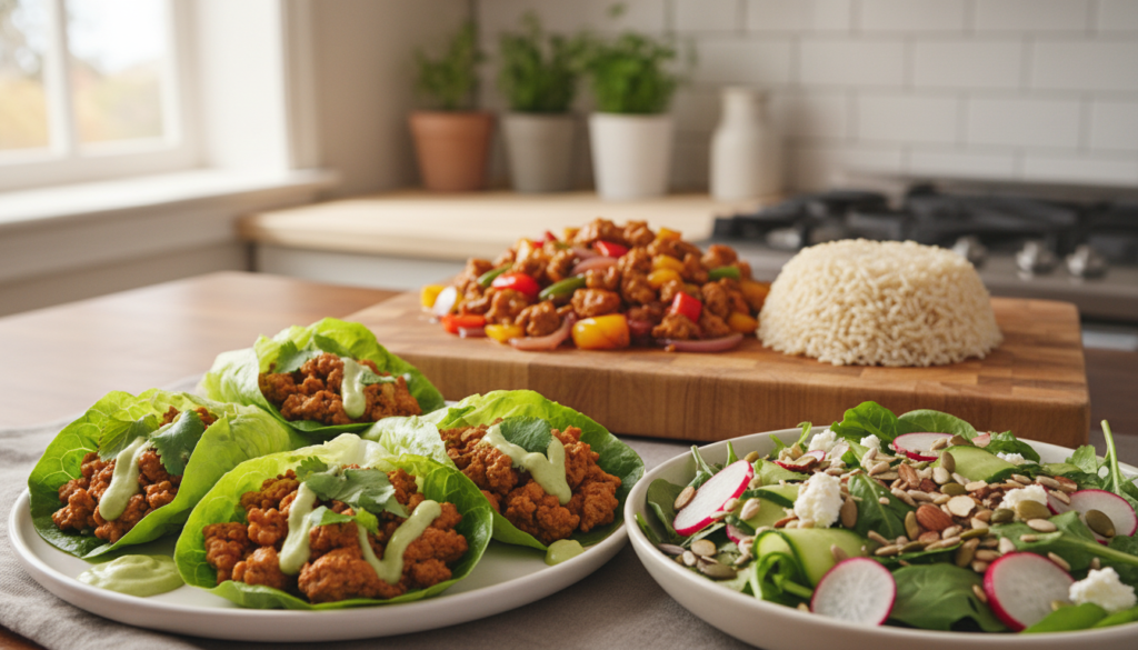 A beautifully arranged table setting features an array of healthy ground chicken dishes, enticing and colorful. In the foreground, a vibrant plate of ground chicken lettuce wraps, garnished with fresh herbs and a drizzle of sauce, is paired with a colorful salad sprinkled with seeds and nuts. In the middle, a rustic wooden cutting board displays a savory ground chicken stir-fry with bell peppers and onions alongside whole grain rice. The background shows a softly blurred kitchen with natural lighting flooding in from a window, creating a warm, inviting atmosphere. The image is shot at a slight angle to capture the textures and colors of the dishes, evoking a sense of wholesome, accessible cooking. The overall mood is cheerful and fresh, perfect for inspiring quick, healthy meals. A beautifully arranged table setting features an array of healthy ground chicken dishes, enticing and colorful. In the foreground, a vibrant plate of ground chicken lettuce wraps, garnished with fresh herbs and a drizzle of sauce, is paired with a colorful salad sprinkled with seeds and nuts. In the middle, a rustic wooden cutting board displays a savory ground chicken stir-fry with bell peppers and onions alongside whole grain rice. The background shows a softly blurred kitchen with natural lighting flooding in from a window, creating a warm, inviting atmosphere. The image is shot at a slight angle to capture the textures and colors of the dishes, evoking a sense of wholesome, accessible cooking. The overall mood is cheerful and fresh, perfect for inspiring quick, healthy meals.