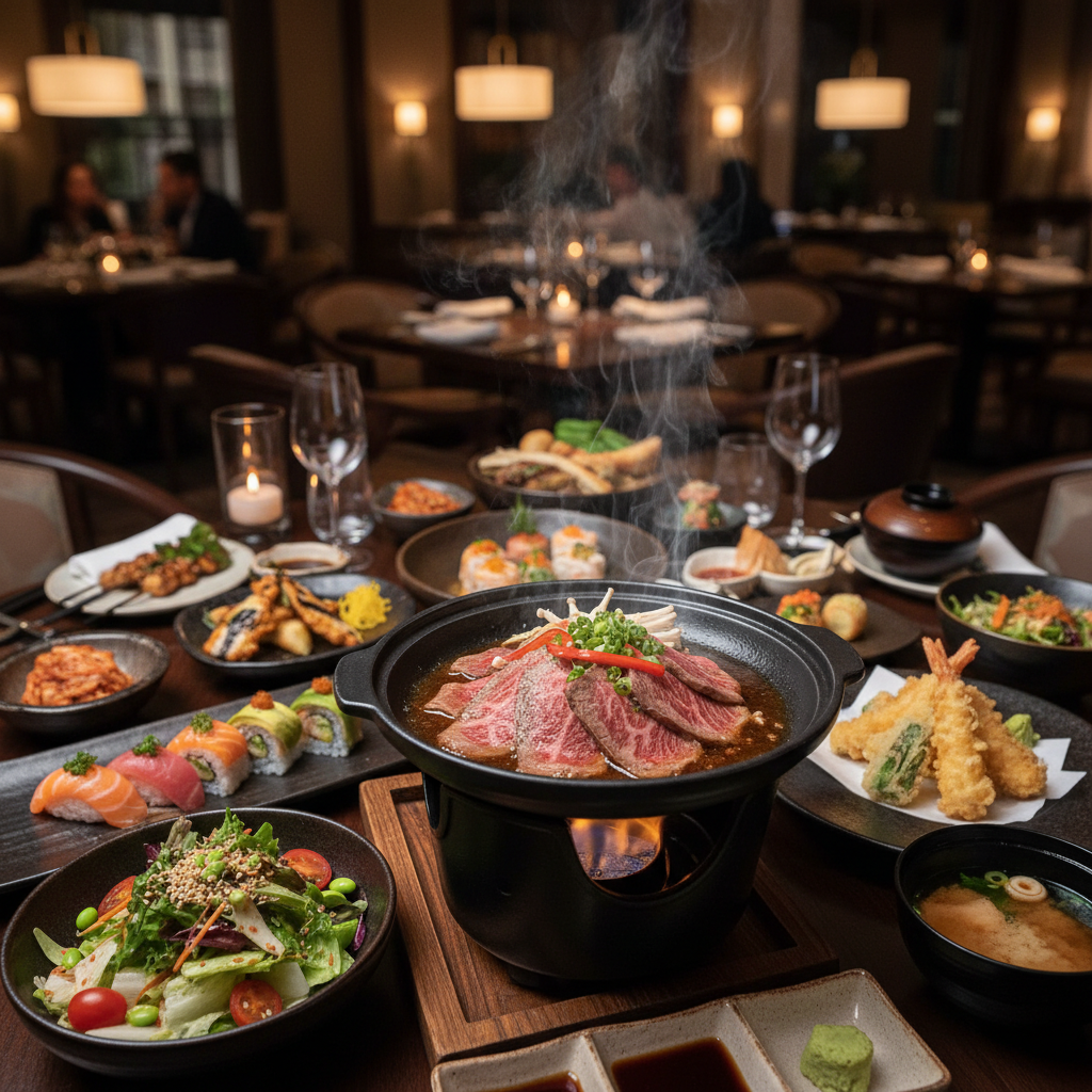 A beautifully arranged table showcasing a selection of diverse menu creations featuring Wagyu Beef Toban Yaki as the centerpiece, garnished with vibrant vegetables and surrounded by intricate side dishes representing various cuisines. In the foreground, a steaming hotplate of Wagyu Beef Toban Yaki with rich, marbled cuts sizzling adorned with fresh herbs and colorful garnishes. The middle layer features an array of small plates, incorporating sushi, tempura, and colorful salads, showcasing the restaurant's signature recipes. The background reveals an elegant dining ambiance with soft, warm lighting creating a welcoming atmosphere. Captured from a slightly elevated angle to emphasize the elegance and variety of the dishes, this image embodies a harmonious blend of culinary artistry and cultural influence. A beautifully arranged table showcasing a selection of diverse menu creations featuring Wagyu Beef Toban Yaki as the centerpiece, garnished with vibrant vegetables and surrounded by intricate side dishes representing various cuisines. In the foreground, a steaming hotplate of Wagyu Beef Toban Yaki with rich, marbled cuts sizzling adorned with fresh herbs and colorful garnishes. The middle layer features an array of small plates, incorporating sushi, tempura, and colorful salads, showcasing the restaurant's signature recipes. The background reveals an elegant dining ambiance with soft, warm lighting creating a welcoming atmosphere. Captured from a slightly elevated angle to emphasize the elegance and variety of the dishes, this image embodies a harmonious blend of culinary artistry and cultural influence.