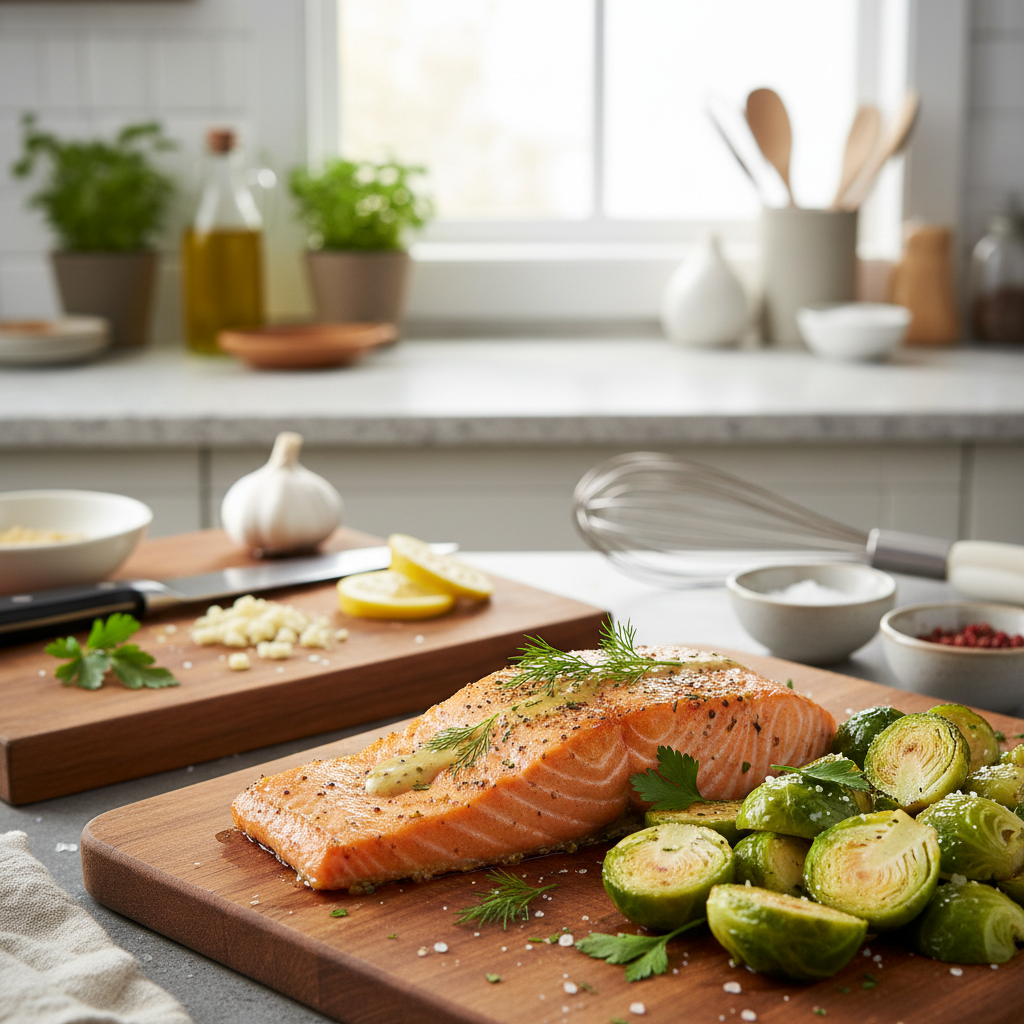 A beautifully arranged workspace showcasing a healthy salmon recipe preparation. In the foreground, a perfectly seared salmon fillet glistens with a light drizzle of mustard sauce, garnished with fresh herbs. Next to it, vibrant Brussels sprouts are halved, lightly sautéed with olive oil, and sprinkled with sea salt. In the middle ground, a wooden cutting board holds diced garlic and lemon slices, hinting at the freshness of the ingredients. The background shows a soft-focus kitchen scene with warm, inviting lighting, highlighting a tidy countertop filled with cooking utensils and spices. The atmosphere is bright and cheerful, emphasizing a sense of health and well-being as the dishes come together for a delightful meal. A beautifully arranged workspace showcasing a healthy salmon recipe preparation. In the foreground, a perfectly seared salmon fillet glistens with a light drizzle of mustard sauce, garnished with fresh herbs. Next to it, vibrant Brussels sprouts are halved, lightly sautéed with olive oil, and sprinkled with sea salt. In the middle ground, a wooden cutting board holds diced garlic and lemon slices, hinting at the freshness of the ingredients. The background shows a soft-focus kitchen scene with warm, inviting lighting, highlighting a tidy countertop filled with cooking utensils and spices. The atmosphere is bright and cheerful, emphasizing a sense of health and well-being as the dishes come together for a delightful meal.
