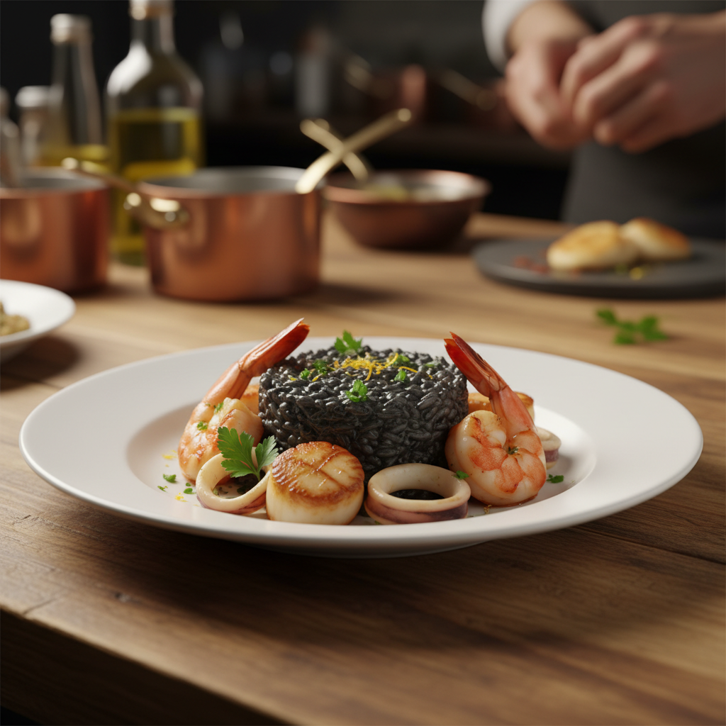 A beautifully composed plate of seafood risotto sits invitingly at the center, showcasing a creamy, rich texture laced with vibrant squid ink, giving it a deep black hue. Surrounding the risotto are fresh, colorful pieces of shrimp, scallops, and calamari, garnished with a sprinkle of bright green parsley and lemon zest for contrast. The dish is elegantly arranged on a rustic wooden table, reflecting the warm, golden tones of soft, ambient lighting that highlights the dish's textures. In the background, a blurred kitchen ambiance suggests a cozy cooking environment. The shot is taken from a slightly elevated angle, capturing the dish's details while inviting viewers into the scene, evoking a feeling of warmth and culinary delight.