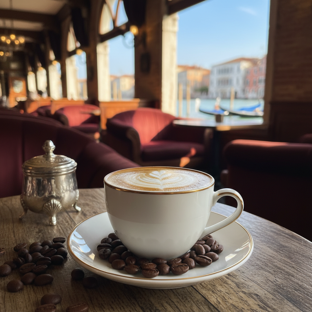 A beautifully crafted cappuccino, showcasing the signature Venetian foam, sits elegantly in a delicate porcelain cup on a rustic wooden table. The foreground features the cup with intricate latte art, highlighting the creamy foam texture shaped like a delicate swirl. Surrounding the cup are subtle hints of coffee beans and a small, ornate sugar bowl. In the middle ground, a soft-focus view of a cozy Venetian café, complete with classic wooden furniture and an inviting ambiance lit by warm, natural light streaming through large windows. The background reveals a glimpse of the serene canals of Venice, with their iconic gondolas gliding in the distance. The overall mood is warm and inviting, perfect for coffee lovers seeking a taste of Venice. A beautifully crafted cappuccino, showcasing the signature Venetian foam, sits elegantly in a delicate porcelain cup on a rustic wooden table. The foreground features the cup with intricate latte art, highlighting the creamy foam texture shaped like a delicate swirl. Surrounding the cup are subtle hints of coffee beans and a small, ornate sugar bowl. In the middle ground, a soft-focus view of a cozy Venetian café, complete with classic wooden furniture and an inviting ambiance lit by warm, natural light streaming through large windows. The background reveals a glimpse of the serene canals of Venice, with their iconic gondolas gliding in the distance. The overall mood is warm and inviting, perfect for coffee lovers seeking a taste of Venice.