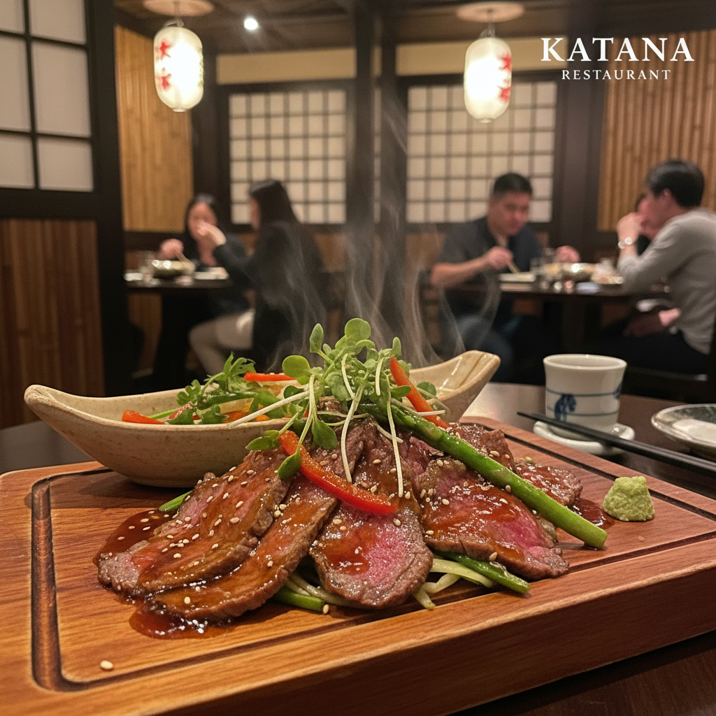 A beautifully plated dish of Wagyu Beef Toban Yaki, featuring tender, marbled cuts of beef sizzling on a wooden serving board. The beef is caramelized with a rich teriyaki glaze, garnished with fresh herbs and delicate vegetables, all exuding a mouthwatering aroma. In the foreground, focus on the vibrant colors of the dish, with glistening textures capturing light. In the middle ground, a subtle view of the elegant Katana Restaurant setting with soft ambient lighting, wooden décor, and traditional Japanese elements. The background includes a blurred view of other diners enjoying their meals, creating a warm and inviting atmosphere. The scene is captured with a slightly elevated angle, highlighting the dish while maintaining an intimate dining experience. A beautifully plated dish of Wagyu Beef Toban Yaki, featuring tender, marbled cuts of beef sizzling on a wooden serving board. The beef is caramelized with a rich teriyaki glaze, garnished with fresh herbs and delicate vegetables, all exuding a mouthwatering aroma. In the foreground, focus on the vibrant colors of the dish, with glistening textures capturing light. In the middle ground, a subtle view of the elegant Katana Restaurant setting with soft ambient lighting, wooden décor, and traditional Japanese elements. The background includes a blurred view of other diners enjoying their meals, creating a warm and inviting atmosphere. The scene is captured with a slightly elevated angle, highlighting the dish while maintaining an intimate dining experience.