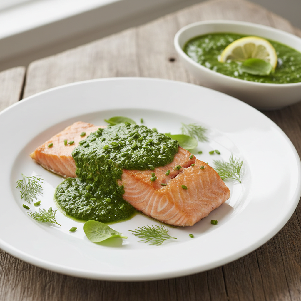 A beautifully plated dish of fresh salmon topped with vibrant sorrel sauce, showcasing the rich green color and textured leaf flecks of the sauce. The foreground features the salmon, glistening and succulent, with delicate herbs scattered artfully around. In the middle ground, a small dish holding a generous serving of the sorrel sauce sits elegantly, garnished with a slice of lemon and sprigs of fresh sorrel leaves. The background is softly blurred to suggest a rustic wooden table, enhanced with soft, natural lighting that highlights the dish's colors and textures. The overall mood is fresh, inviting, and gourmet, evoking a sense of culinary expertise and appreciation for flavor profiles. The angle is slightly overhead, providing a comprehensive view of the dish while maintaining an artful composition. A beautifully plated dish of fresh salmon topped with vibrant sorrel sauce, showcasing the rich green color and textured leaf flecks of the sauce. The foreground features the salmon, glistening and succulent, with delicate herbs scattered artfully around. In the middle ground, a small dish holding a generous serving of the sorrel sauce sits elegantly, garnished with a slice of lemon and sprigs of fresh sorrel leaves. The background is softly blurred to suggest a rustic wooden table, enhanced with soft, natural lighting that highlights the dish's colors and textures. The overall mood is fresh, inviting, and gourmet, evoking a sense of culinary expertise and appreciation for flavor profiles. The angle is slightly overhead, providing a comprehensive view of the dish while maintaining an artful composition.