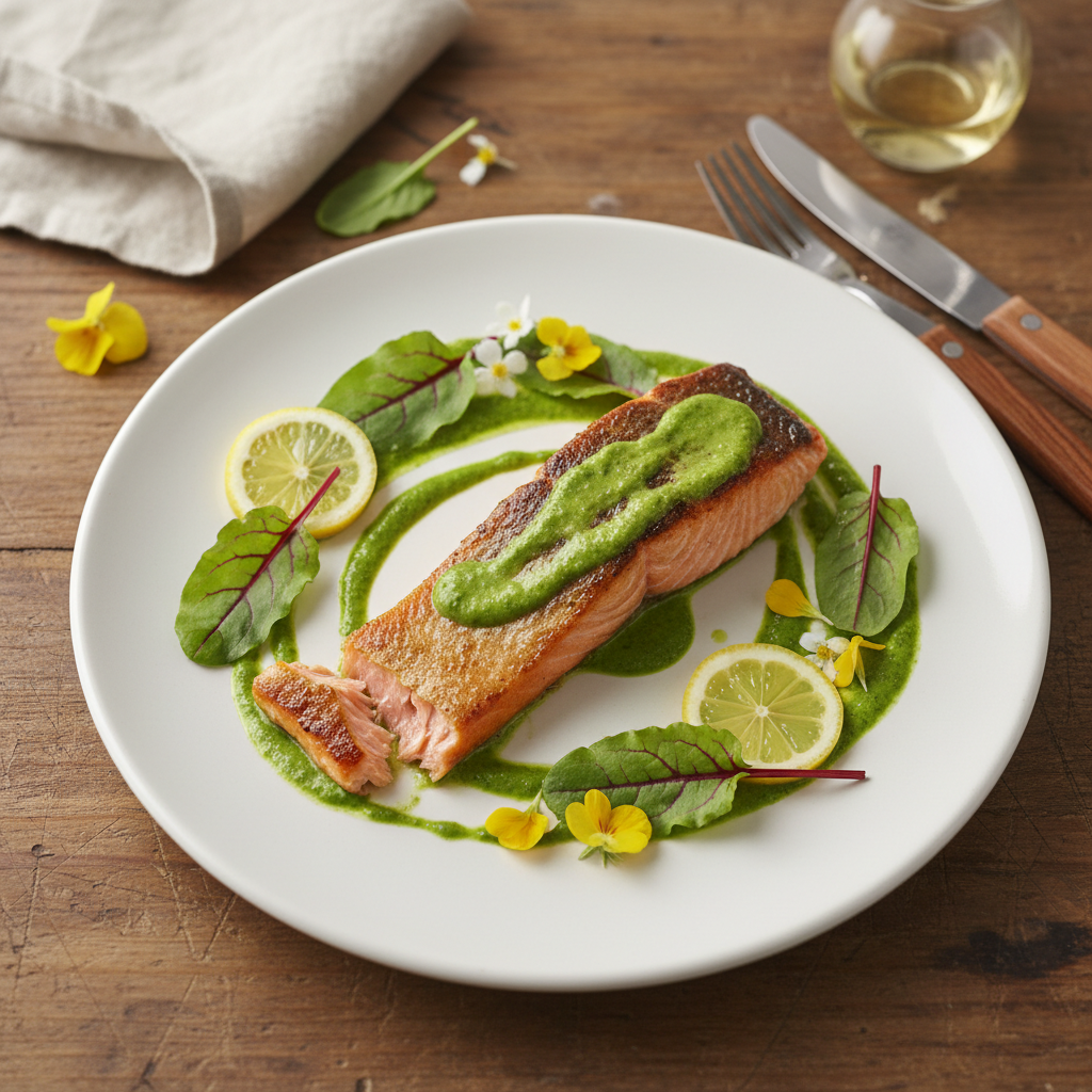 A beautifully plated dish of salmon topped with vibrant green sorrel sauce, glistening under soft, diffused natural light for an appetizing effect. The foreground features a perfectly cooked salmon fillet, its flaky texture visible, accompanied by a drizzle of creamy sorrel sauce that adds a splash of color. Surrounding the dish are fresh sorrel leaves and sliced lemon, enhancing the meal's freshness. In the middle ground, a rustic wooden table adds warmth to the scene, while the background remains softly blurred to emphasize the main dish. The atmosphere is inviting and serene, perfect for a gourmet cooking experience, captured from a top-down angle to highlight the dish's details. A beautifully plated dish of salmon topped with vibrant green sorrel sauce, glistening under soft, diffused natural light for an appetizing effect. The foreground features a perfectly cooked salmon fillet, its flaky texture visible, accompanied by a drizzle of creamy sorrel sauce that adds a splash of color. Surrounding the dish are fresh sorrel leaves and sliced lemon, enhancing the meal's freshness. In the middle ground, a rustic wooden table adds warmth to the scene, while the background remains softly blurred to emphasize the main dish. The atmosphere is inviting and serene, perfect for a gourmet cooking experience, captured from a top-down angle to highlight the dish's details.