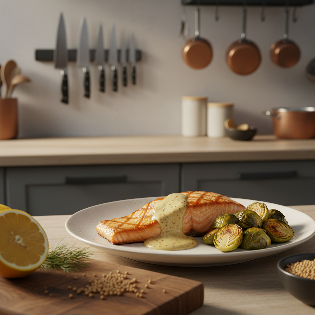 A beautifully plated dish of seared salmon fillet, garnished with a drizzle of homemade mustard sauce, glistening under soft, warm lighting. Beside the salmon, vibrant, caramelized Brussel sprouts, showcasing their golden-brown edges. In the foreground, a wooden cutting board displays fresh ingredients, including a lemon half, a sprig of dill, and mustard seeds, hinting at the recipe components. In the background, a modern kitchen setup with stainless steel utensils, a lightly stained wooden countertop, and pots hanging from a rack, creating a cozy, inviting atmosphere. The camera angle is slightly above, focusing on the dish, capturing both the exquisite details of the food and the appealing kitchen environment, evoking a sense of warmth and culinary enthusiasm. A beautifully plated dish of seared salmon fillet, garnished with a drizzle of homemade mustard sauce, glistening under soft, warm lighting. Beside the salmon, vibrant, caramelized Brussel sprouts, showcasing their golden-brown edges. In the foreground, a wooden cutting board displays fresh ingredients, including a lemon half, a sprig of dill, and mustard seeds, hinting at the recipe components. In the background, a modern kitchen setup with stainless steel utensils, a lightly stained wooden countertop, and pots hanging from a rack, creating a cozy, inviting atmosphere. The camera angle is slightly above, focusing on the dish, capturing both the exquisite details of the food and the appealing kitchen environment, evoking a sense of warmth and culinary enthusiasm.