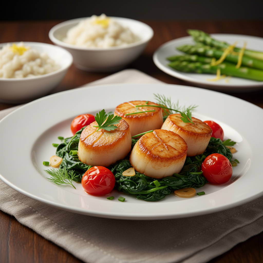 A beautifully plated dish of seared scallops rests at the forefront, perfectly golden-brown and glistening, sitting atop a delicate bed of sautéed garlic spinach and roasted cherry tomatoes. Lush garnishes of fresh herbs provide vibrant pops of color. In the background, an elegant wooden table is adorned with a subtle, textured tablecloth, evoking a warm, inviting atmosphere. Soft, warm lighting casts gentle shadows, enhancing the dish's appetizing appeal. A shallow depth of field captures the focus on the scallops, while hinting at additional side dishes like creamy risotto and lemon zest-infused asparagus just out of focus. The mood is cozy and sophisticated, perfect for a delightful dinner setting, inviting viewers to imagine the flavors. A beautifully plated dish of seared scallops rests at the forefront, perfectly golden-brown and glistening, sitting atop a delicate bed of sautéed garlic spinach and roasted cherry tomatoes. Lush garnishes of fresh herbs provide vibrant pops of color. In the background, an elegant wooden table is adorned with a subtle, textured tablecloth, evoking a warm, inviting atmosphere. Soft, warm lighting casts gentle shadows, enhancing the dish's appetizing appeal. A shallow depth of field captures the focus on the scallops, while hinting at additional side dishes like creamy risotto and lemon zest-infused asparagus just out of focus. The mood is cozy and sophisticated, perfect for a delightful dinner setting, inviting viewers to imagine the flavors.