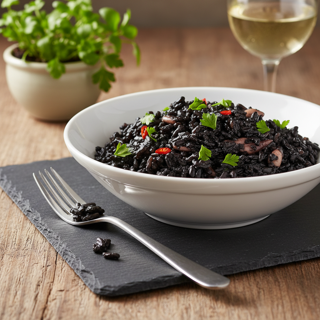 A beautifully plated dish of squid ink risotto, featuring deep black grains glistening with a hint of sheen. In the foreground, the risotto is served in an elegant white bowl, garnished with freshly chopped parsley and a sprinkle of bright red chili flakes for contrast. The middle ground includes a fork elegantly resting beside the bowl, accentuating the rich texture of the creamy rice. In the background, a rustic wooden table sets a warm ambience, with a soft-focus of vibrant green herbs and a glass of white wine nearby. The lighting is soft and warm, enhancing the velvety appearance of the risotto, with a slight overhead angle that invites the viewer to savor the dish. The overall mood is inviting and sophisticated, perfect for a seafood feast.