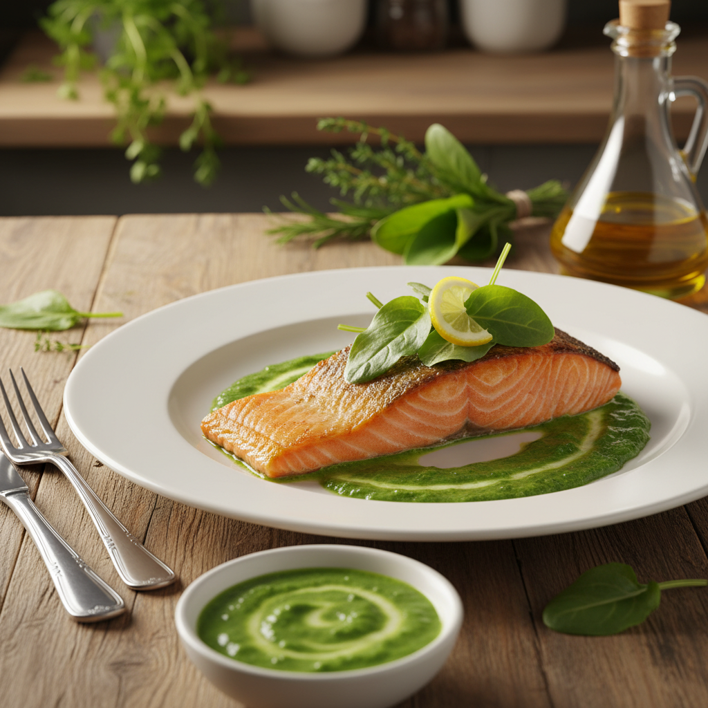 A beautifully plated salmon fillet coated with a vibrant green sorrel sauce, glistening in the light. The salmon, perfectly cooked with a crispy golden-brown skin, is garnished with fresh sorrel leaves and a slice of lemon. In the foreground, a pristine white plate sits on a rustic wooden table, highlighted by delicate utensils. In the middle, a small bowl of sorrel sauce, rich and creamy, complements the salmon. In the background, a blurred kitchen setting, with fresh herbs and a bottle of olive oil, creates a home-cooking atmosphere. The lighting is warm and inviting, casting soft shadows to evoke a cozy ambiance. Capture the details and textures, emphasizing the freshness and deliciousness of the dish. A beautifully plated salmon fillet coated with a vibrant green sorrel sauce, glistening in the light. The salmon, perfectly cooked with a crispy golden-brown skin, is garnished with fresh sorrel leaves and a slice of lemon. In the foreground, a pristine white plate sits on a rustic wooden table, highlighted by delicate utensils. In the middle, a small bowl of sorrel sauce, rich and creamy, complements the salmon. In the background, a blurred kitchen setting, with fresh herbs and a bottle of olive oil, creates a home-cooking atmosphere. The lighting is warm and inviting, casting soft shadows to evoke a cozy ambiance. Capture the details and textures, emphasizing the freshness and deliciousness of the dish.