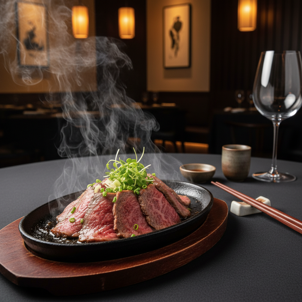 A beautifully plated serving of Wagyu Beef Toban Yaki at Katana Restaurant, glistening with a savory marinade and garnished with vibrant green herbs. In the foreground, a sizzling hot stone plate emits steam, emphasizing the freshness and exquisite marbling of the beef. Thick pieces of succulent Wagyu are arranged artfully, showcasing their rich texture. In the middle ground, a pair of elegantly designed chopsticks rests invitingly alongside the plate. The background features the warm, ambient lighting of the upscale Katana dining room, with dark wood accents and subtle Japanese decor. The atmosphere is intimate and inviting, perfect for a culinary experience. The image should be taken from a slightly elevated angle to capture the enticing details of the dish and the elegant setting, evoking a sense of luxury and indulgence. A beautifully plated serving of Wagyu Beef Toban Yaki at Katana Restaurant, glistening with a savory marinade and garnished with vibrant green herbs. In the foreground, a sizzling hot stone plate emits steam, emphasizing the freshness and exquisite marbling of the beef. Thick pieces of succulent Wagyu are arranged artfully, showcasing their rich texture. In the middle ground, a pair of elegantly designed chopsticks rests invitingly alongside the plate. The background features the warm, ambient lighting of the upscale Katana dining room, with dark wood accents and subtle Japanese decor. The atmosphere is intimate and inviting, perfect for a culinary experience. The image should be taken from a slightly elevated angle to capture the enticing details of the dish and the elegant setting, evoking a sense of luxury and indulgence.