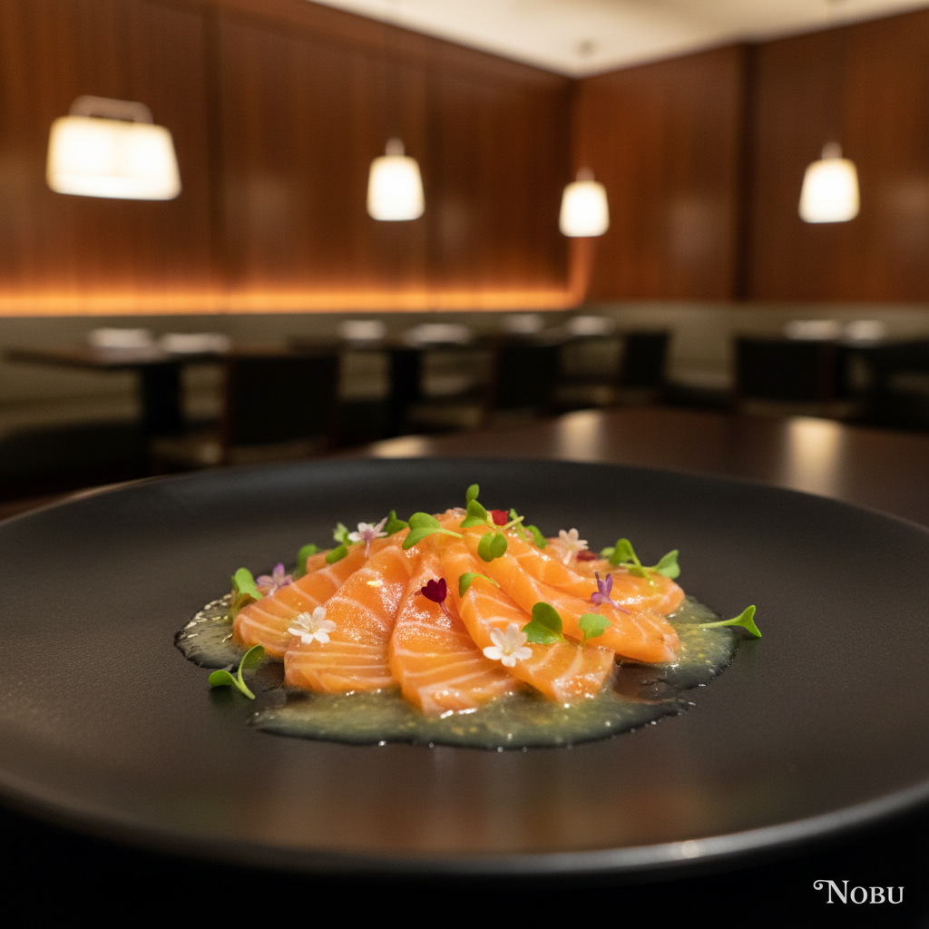 A beautifully presented dish of New Style Salmon Sashimi featuring thinly sliced, vibrant orange salmon arranged elegantly on a sleek, black ceramic plate. The sashimi is drizzled with a light citrus sauce, garnished with microgreens and delicate edible flowers, creating a stunning contrast against the dark plate. The foreground captures the delicious details of the sashimi. In the middle, a soft-focus backdrop reveals the elegant atmosphere of Nobu, with warm ambient lighting illuminating the rich wooden interiors and polished surfaces. The scene is accentuated by subtle reflections in the plate, enhancing the visual experience. The overall mood is sophisticated yet inviting, perfect for showcasing a culinary masterpiece that embodies the Nobu legacy. The image is taken with a shallow depth of field, highlighting the sashimi while softly blurring the background. A beautifully presented dish of New Style Salmon Sashimi featuring thinly sliced, vibrant orange salmon arranged elegantly on a sleek, black ceramic plate. The sashimi is drizzled with a light citrus sauce, garnished with microgreens and delicate edible flowers, creating a stunning contrast against the dark plate. The foreground captures the delicious details of the sashimi. In the middle, a soft-focus backdrop reveals the elegant atmosphere of Nobu, with warm ambient lighting illuminating the rich wooden interiors and polished surfaces. The scene is accentuated by subtle reflections in the plate, enhancing the visual experience. The overall mood is sophisticated yet inviting, perfect for showcasing a culinary masterpiece that embodies the Nobu legacy. The image is taken with a shallow depth of field, highlighting the sashimi while softly blurring the background.