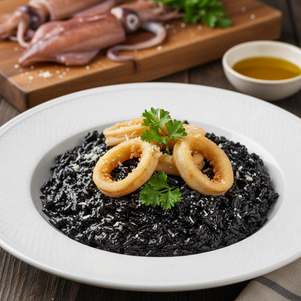 A beautifully presented plate of black risotto made with squid ink, showcasing a glossy, deep black hue that glistens under soft, warm lighting. In the foreground, the risotto is topped with tender calamari rings and garnished with fresh parsley and a sprinkle of grated Parmesan cheese, adding vibrant color contrast. The middle layer features a simple yet elegant white plate with a slight rim, enhancing the dish's visual appeal. In the background, softly blurred seafood preparation elements, like a chopping board with fresh squid and a small bowl of olive oil, create a culinary atmosphere. The image is shot from a slightly overhead perspective, capturing the richness of the dish while evoking a cozy, inviting mood, perfect for a seafood dining experience.