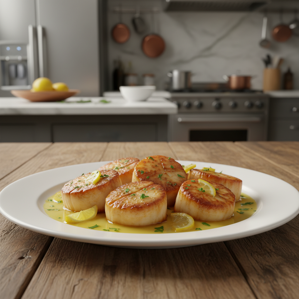A beautifully presented plate of seared scallops glistening in a rich lemon butter sauce, garnished with fresh parsley and lemon wedges. The scallops are golden-brown, showing a crispy texture with a hint of sear, reflecting the perfect cooking technique. In the foreground, the dish is elegantly arranged on a rustic wooden table, evoking a cozy, inviting dining atmosphere. Soft, warm lighting highlights the sheen of the scallops and the buttery sauce, creating an appealing, appetizing look. The background features a subtle blur of a stylish kitchen setting, enhancing the focus on the scallops while adding depth to the scene. The overall mood is relaxed and sophisticated, perfect for a delicious dinner presentation. A beautifully presented plate of seared scallops glistening in a rich lemon butter sauce, garnished with fresh parsley and lemon wedges. The scallops are golden-brown, showing a crispy texture with a hint of sear, reflecting the perfect cooking technique. In the foreground, the dish is elegantly arranged on a rustic wooden table, evoking a cozy, inviting dining atmosphere. Soft, warm lighting highlights the sheen of the scallops and the buttery sauce, creating an appealing, appetizing look. The background features a subtle blur of a stylish kitchen setting, enhancing the focus on the scallops while adding depth to the scene. The overall mood is relaxed and sophisticated, perfect for a delicious dinner presentation.