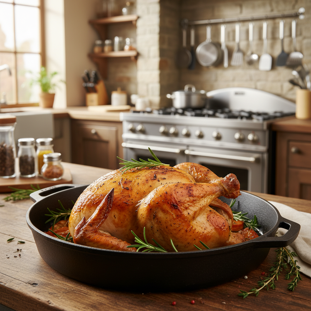 A beautifully roasted chicken in a classic, sturdy roasting pan sits on a wooden kitchen counter. The chicken is golden brown, with crispy skin glistening under soft, warm lighting that highlights its succulent texture. Surrounding the chicken are aromatic herbs like rosemary and thyme, adding a touch of green to the scene. In the background, a well-organized kitchen with essential roasting equipment visible: a large oven, utensils, and an array of seasonings on the countertop. The focus is sharp on the chicken, with a shallow depth of field that gently blurs the background. The atmosphere conveys a cozy, inviting feel, perfect for showcasing the art of roasting chicken. A beautifully roasted chicken in a classic, sturdy roasting pan sits on a wooden kitchen counter. The chicken is golden brown, with crispy skin glistening under soft, warm lighting that highlights its succulent texture. Surrounding the chicken are aromatic herbs like rosemary and thyme, adding a touch of green to the scene. In the background, a well-organized kitchen with essential roasting equipment visible: a large oven, utensils, and an array of seasonings on the countertop. The focus is sharp on the chicken, with a shallow depth of field that gently blurs the background. The atmosphere conveys a cozy, inviting feel, perfect for showcasing the art of roasting chicken.