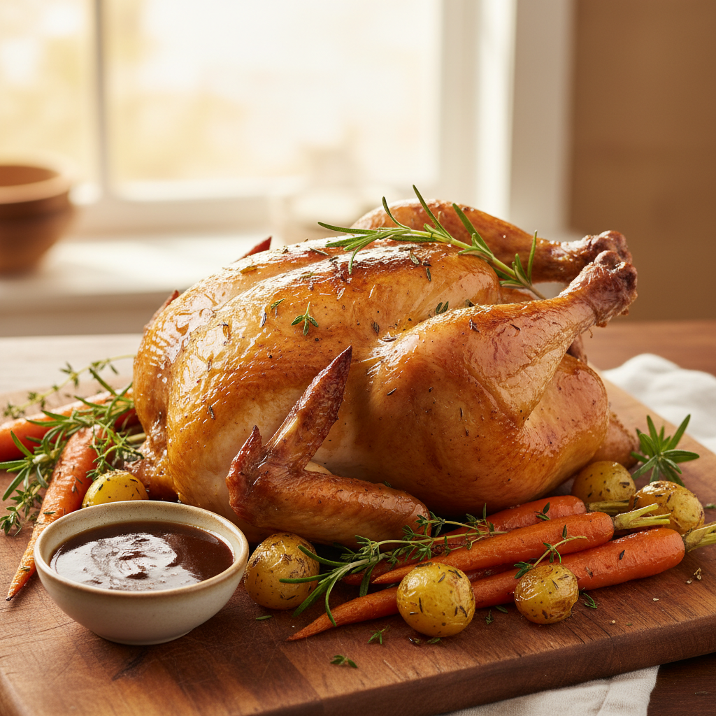 A beautifully roasted chicken resting on a wooden cutting board, glistening with golden-brown skin and crispy edges, surrounded by sprigs of fresh herbs like rosemary and thyme. The foreground features a close-up of the chicken, highlighting its juicy texture and mouthwatering appearance. In the middle ground, a small bowl of savory gravy sits alongside roasted root vegetables, adding a pop of color with vibrant carrots and potatoes. The background softly blurs, revealing a cozy kitchen setting with warm, ambient lighting streaming through a window, enhancing the inviting atmosphere. The scene is captured from an overhead angle, showcasing the arrangement and emphasizing the importance of letting the chicken rest before carving. A beautifully roasted chicken resting on a wooden cutting board, glistening with golden-brown skin and crispy edges, surrounded by sprigs of fresh herbs like rosemary and thyme. The foreground features a close-up of the chicken, highlighting its juicy texture and mouthwatering appearance. In the middle ground, a small bowl of savory gravy sits alongside roasted root vegetables, adding a pop of color with vibrant carrots and potatoes. The background softly blurs, revealing a cozy kitchen setting with warm, ambient lighting streaming through a window, enhancing the inviting atmosphere. The scene is captured from an overhead angle, showcasing the arrangement and emphasizing the importance of letting the chicken rest before carving.