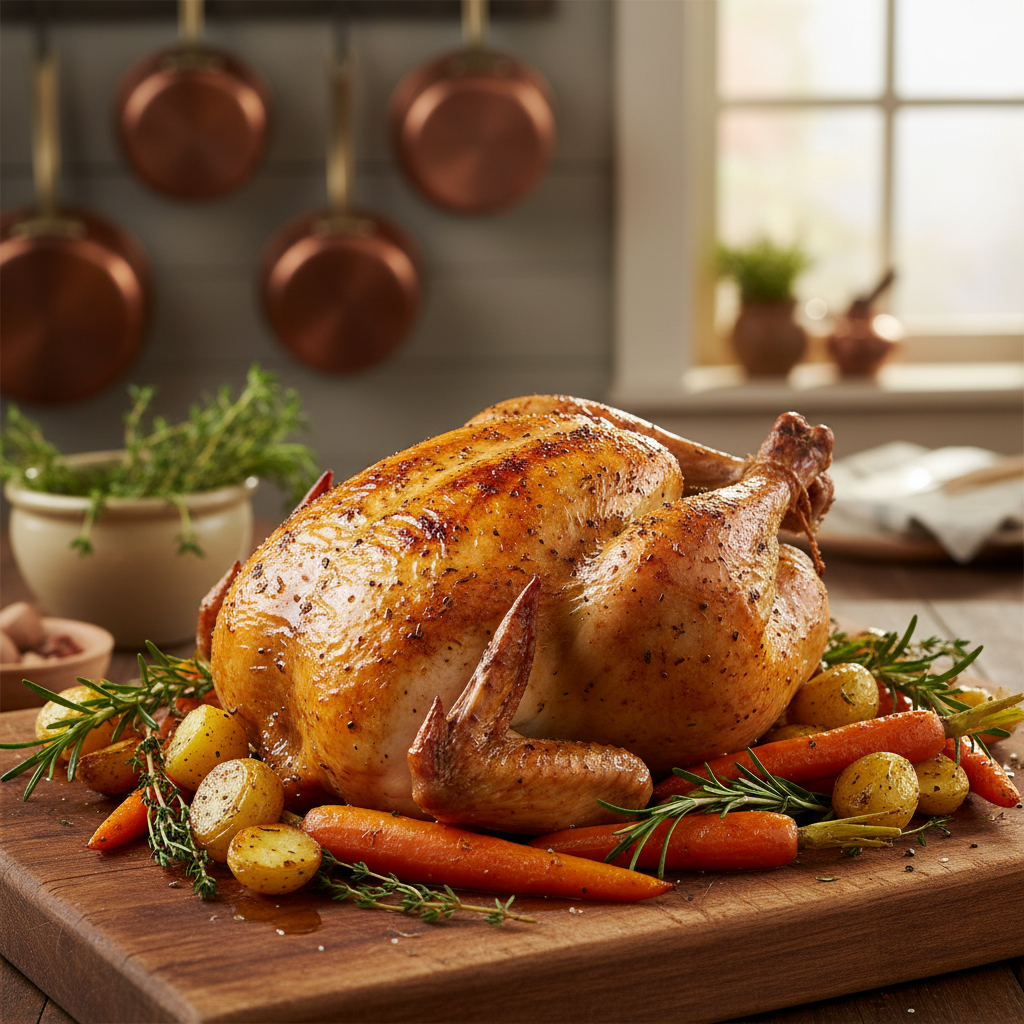 A beautifully roasted whole chicken sits center stage on a wooden cutting board, glistening with a golden-brown skin that showcases crispness and mouthwatering seasoning. Surrounding the chicken are fresh herbs like rosemary and thyme, and vibrant vegetables such as carrots and potatoes, enhancing the appetizing scene. Soft, warm lighting highlights the juiciness of the meat and the texture of the crispy skin, creating a homely and inviting atmosphere. The background is gently blurred to emphasize the chicken, with hints of a rustic kitchen setting, complete with pots and herbs. The camera angle is slightly above eye level, capturing the majestic presentation from a compelling vantage point, evoking the feeling of anticipation and comfort. A beautifully roasted whole chicken sits center stage on a wooden cutting board, glistening with a golden-brown skin that showcases crispness and mouthwatering seasoning. Surrounding the chicken are fresh herbs like rosemary and thyme, and vibrant vegetables such as carrots and potatoes, enhancing the appetizing scene. Soft, warm lighting highlights the juiciness of the meat and the texture of the crispy skin, creating a homely and inviting atmosphere. The background is gently blurred to emphasize the chicken, with hints of a rustic kitchen setting, complete with pots and herbs. The camera angle is slightly above eye level, capturing the majestic presentation from a compelling vantage point, evoking the feeling of anticipation and comfort.