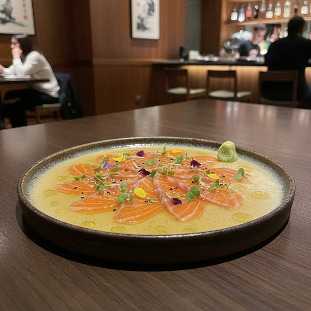 A beautifully styled plate of New Style Salmon Sashimi, elegantly arranged with several thin slices of fresh, vibrant orange salmon drizzled with a delicate citrus-based sauce. The sashimi is garnished with microgreens, edible flowers, and a hint of wasabi, enhancing its visual appeal. In the foreground, the plate is centered prominently on a dark, polished wooden table, showcasing the luxurious Nobu dining experience. Soft, diffused lighting illuminates the dish, creating a warm and inviting atmosphere. In the background, blurred elements of an upscale restaurant interior can be seen, with rich wooden accents and subtle Asian-inspired decor. The overall mood is sophisticated and sumptuous, perfect for an exquisite dining experience. A beautifully styled plate of New Style Salmon Sashimi, elegantly arranged with several thin slices of fresh, vibrant orange salmon drizzled with a delicate citrus-based sauce. The sashimi is garnished with microgreens, edible flowers, and a hint of wasabi, enhancing its visual appeal. In the foreground, the plate is centered prominently on a dark, polished wooden table, showcasing the luxurious Nobu dining experience. Soft, diffused lighting illuminates the dish, creating a warm and inviting atmosphere. In the background, blurred elements of an upscale restaurant interior can be seen, with rich wooden accents and subtle Asian-inspired decor. The overall mood is sophisticated and sumptuous, perfect for an exquisite dining experience.