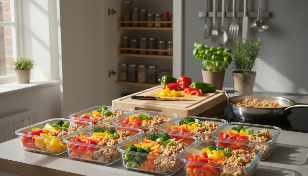 A bright and inviting kitchen scene showcasing a healthy meal prep setup featuring ground chicken. In the foreground, neatly organized meal prep containers filled with vibrant, colorful vegetables like bell peppers, broccoli, and carrots, alongside seasoned ground chicken. The middle ground reveals a cutting board with chopped ingredients, a knife, and a skillet on the stove sizzling with the ground chicken mixture. The background features an open pantry with spices, cooking utensils, and fresh herbs adding to the homey atmosphere. Soft natural light streams in through a window, creating a warm and welcoming mood. The image captures a sense of freshness and organization, emphasizing the ease of preparing nutritious meals. A bright and inviting kitchen scene showcasing a healthy meal prep setup featuring ground chicken. In the foreground, neatly organized meal prep containers filled with vibrant, colorful vegetables like bell peppers, broccoli, and carrots, alongside seasoned ground chicken. The middle ground reveals a cutting board with chopped ingredients, a knife, and a skillet on the stove sizzling with the ground chicken mixture. The background features an open pantry with spices, cooking utensils, and fresh herbs adding to the homey atmosphere. Soft natural light streams in through a window, creating a warm and welcoming mood. The image captures a sense of freshness and organization, emphasizing the ease of preparing nutritious meals.