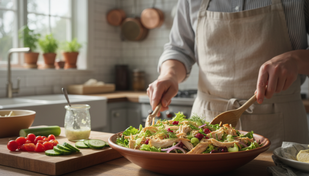 A bright, inviting kitchen scene featuring a freshly made chicken salad, prominently showcasing rotisserie chicken as the main ingredient. The foreground includes a large, colorful bowl filled with a mix of chopped vegetables, greens, and shredded rotisserie chicken, garnished with herbs. A wooden cutting board sits nearby with additional ingredients such as diced cucumbers, cherry tomatoes, and a light dressing. The middle ground features a chef in neat, casual attire, skillfully mixing the salad with a wooden spoon, radiating a sense of homemade warmth and creativity. In the background, soft natural light pours in through a window, illuminating the entire scene and creating a cheerful atmosphere. The focus is sharp on the salad, with a slight bokeh effect on the kitchen details. A bright, inviting kitchen scene featuring a freshly made chicken salad, prominently showcasing rotisserie chicken as the main ingredient. The foreground includes a large, colorful bowl filled with a mix of chopped vegetables, greens, and shredded rotisserie chicken, garnished with herbs. A wooden cutting board sits nearby with additional ingredients such as diced cucumbers, cherry tomatoes, and a light dressing. The middle ground features a chef in neat, casual attire, skillfully mixing the salad with a wooden spoon, radiating a sense of homemade warmth and creativity. In the background, soft natural light pours in through a window, illuminating the entire scene and creating a cheerful atmosphere. The focus is sharp on the salad, with a slight bokeh effect on the kitchen details.