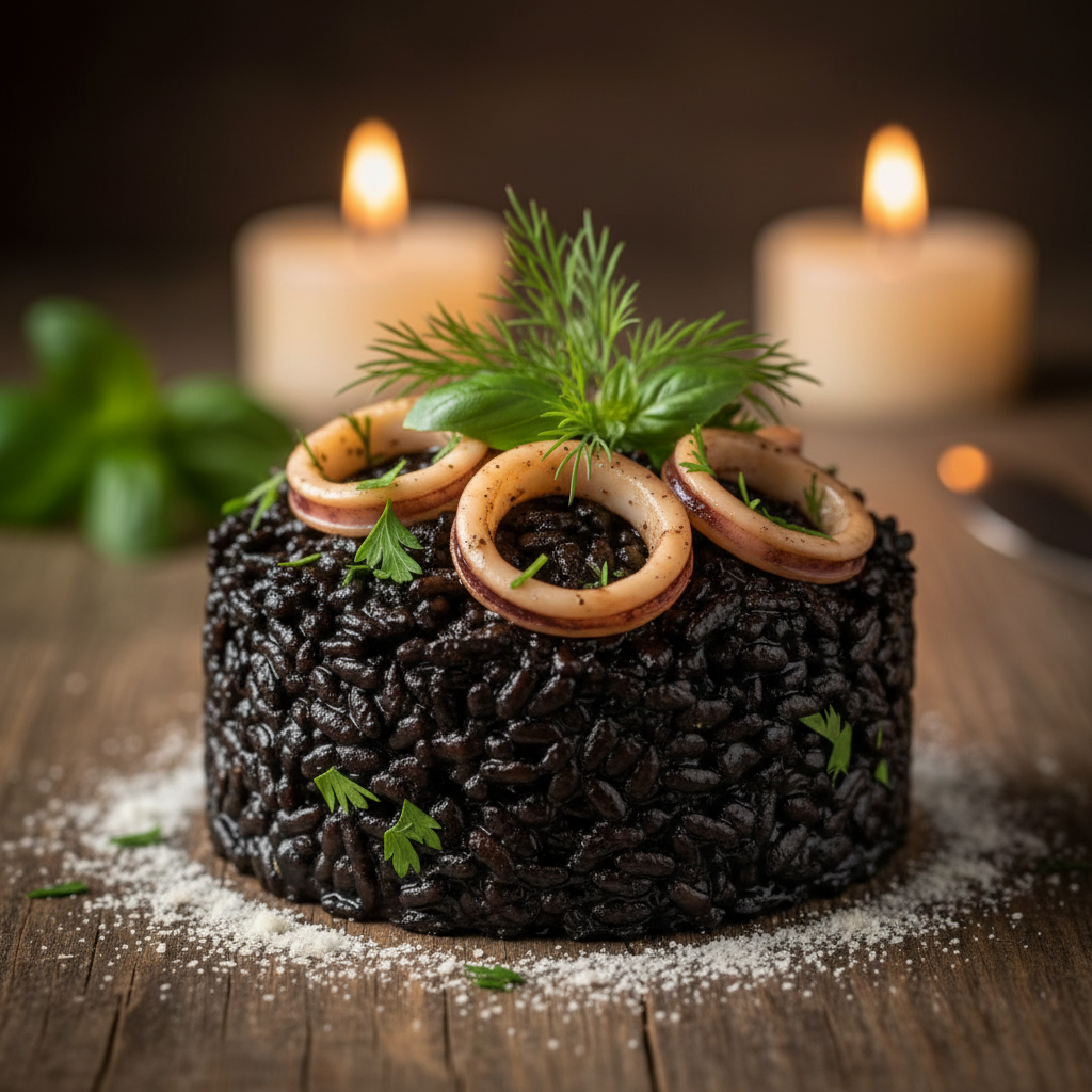 A close-up image of a beautifully plated black risotto, showcasing its glossy texture and rich, deep hue from squid ink. The dish is garnished with fresh herbs, finely chopped parsley, and slices of tender calamari, adding contrast to the striking black color. Surround the risotto with a subtle sprinkle of grated Parmesan cheese, emphasizing the creamy texture. The background features a rustic wooden table, softly lit by warm, diffused candlelight, creating an inviting ambiance. Capture the scene with a shallow depth of field, focusing sharply on the risotto while softly blurring the background. The overall mood should be cozy and intimate, evoking a sense of comfort and culinary delight.
