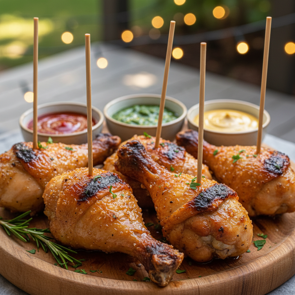 A close-up image of beautifully grilled chicken drumstick lollipops arranged artfully on a rustic wooden platter. The drumsticks are perfectly charred with a golden-brown glaze, garnished with fresh herbs and a light drizzle of savory barbecue sauce. In the foreground, emphasize the texture of the crispy skin and juicy meat, with wooden skewers elegantly placed for a gourmet presentation. The middle ground features a few dipping sauces in small bowls, adding vibrant colors—red, green, and yellow—against the warm tones of the chicken. In the background, softly blurred, a cozy outdoor setting with fairy lights twinkling adds a warm, inviting atmosphere. Use natural lighting to highlight the glisten of the sauces and the char on the drumsticks, captured from an overhead angle to create an enticing and appetizing composition. A close-up image of beautifully grilled chicken drumstick lollipops arranged artfully on a rustic wooden platter. The drumsticks are perfectly charred with a golden-brown glaze, garnished with fresh herbs and a light drizzle of savory barbecue sauce. In the foreground, emphasize the texture of the crispy skin and juicy meat, with wooden skewers elegantly placed for a gourmet presentation. The middle ground features a few dipping sauces in small bowls, adding vibrant colors—red, green, and yellow—against the warm tones of the chicken. In the background, softly blurred, a cozy outdoor setting with fairy lights twinkling adds a warm, inviting atmosphere. Use natural lighting to highlight the glisten of the sauces and the char on the drumsticks, captured from an overhead angle to create an enticing and appetizing composition.