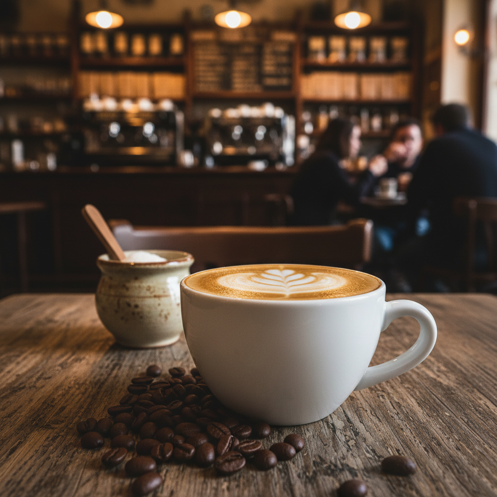 A close-up view of an authentic Italian cappuccino, expertly crafted with velvety milk foam art displaying a delicate leaf pattern on top, set against a rustic wooden table. Surrounding the cup are scattered coffee beans and a small ceramic sugar bowl, hinting at the ingredients of a perfect brew. In the background, a softly blurred rustic Italian coffee shop ambiance can be seen, with warm lighting casting a golden hue over the scene, creating an inviting and cozy atmosphere. The image is captured with a shallow depth of field to emphasize the cappuccino in the foreground while adding a rich, inviting tone to the entire scene, evoking a sense of warmth and community among coffee enthusiasts. A close-up view of an authentic Italian cappuccino, expertly crafted with velvety milk foam art displaying a delicate leaf pattern on top, set against a rustic wooden table. Surrounding the cup are scattered coffee beans and a small ceramic sugar bowl, hinting at the ingredients of a perfect brew. In the background, a softly blurred rustic Italian coffee shop ambiance can be seen, with warm lighting casting a golden hue over the scene, creating an inviting and cozy atmosphere. The image is captured with a shallow depth of field to emphasize the cappuccino in the foreground while adding a rich, inviting tone to the entire scene, evoking a sense of warmth and community among coffee enthusiasts.