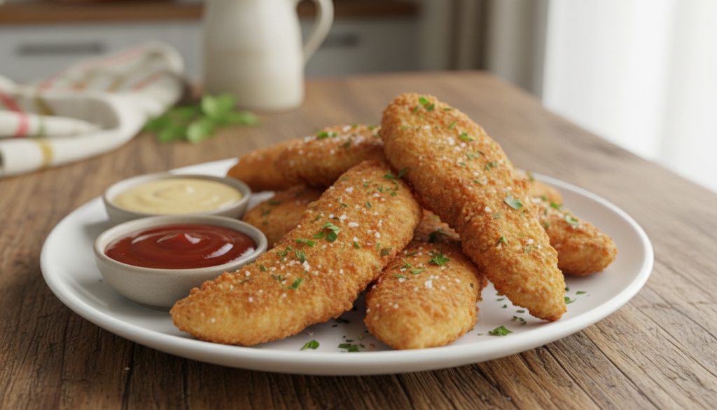 A close-up view of perfectly crispy chicken tenders arranged elegantly on a vibrant white plate, showcasing their golden-brown, crunchy exterior. The tenders should be lightly seasoned, glistening with a hint of oil, with a sprinkle of fresh herbs for added color. In the background, a rustic wooden table adds warmth, with soft natural lighting illuminating the scene, emphasizing the texture and crispiness of the chicken. A few dipping sauces, such as honey mustard and barbecue, are artfully placed beside the chicken tenders. The overall ambiance should evoke a cozy, inviting kitchen setting, making viewers feel excited to indulge in this delicious comfort food. No text or watermarks are present. A close-up view of perfectly crispy chicken tenders arranged elegantly on a vibrant white plate, showcasing their golden-brown, crunchy exterior. The tenders should be lightly seasoned, glistening with a hint of oil, with a sprinkle of fresh herbs for added color. In the background, a rustic wooden table adds warmth, with soft natural lighting illuminating the scene, emphasizing the texture and crispiness of the chicken. A few dipping sauces, such as honey mustard and barbecue, are artfully placed beside the chicken tenders. The overall ambiance should evoke a cozy, inviting kitchen setting, making viewers feel excited to indulge in this delicious comfort food. No text or watermarks are present.