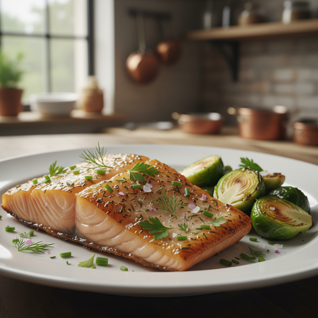 A close-up view of perfectly crispy salmon skin, showcasing its golden-brown, flaky texture with intricate details like bubbles and ridges. In the foreground, place the salmon skin attractively on a white plate, garnished with a sprinkle of fresh herbs for a pop of color. The middle ground features a side of perfectly seared Brussels sprouts, charred and vibrant, enhancing the appeal of the dish. In the background, softly blurred, hints of a rustic kitchen with warm, inviting lighting create an atmosphere of culinary excellence. Use a shallow depth of field to focus on the salmon skin while highlighting the rich, glossy sheen, suggesting restaurant-quality preparation. A natural, soft lighting from the side enhances the textures and colors, evoking a sense of fine dining. A close-up view of perfectly crispy salmon skin, showcasing its golden-brown, flaky texture with intricate details like bubbles and ridges. In the foreground, place the salmon skin attractively on a white plate, garnished with a sprinkle of fresh herbs for a pop of color. The middle ground features a side of perfectly seared Brussels sprouts, charred and vibrant, enhancing the appeal of the dish. In the background, softly blurred, hints of a rustic kitchen with warm, inviting lighting create an atmosphere of culinary excellence. Use a shallow depth of field to focus on the salmon skin while highlighting the rich, glossy sheen, suggesting restaurant-quality preparation. A natural, soft lighting from the side enhances the textures and colors, evoking a sense of fine dining.
