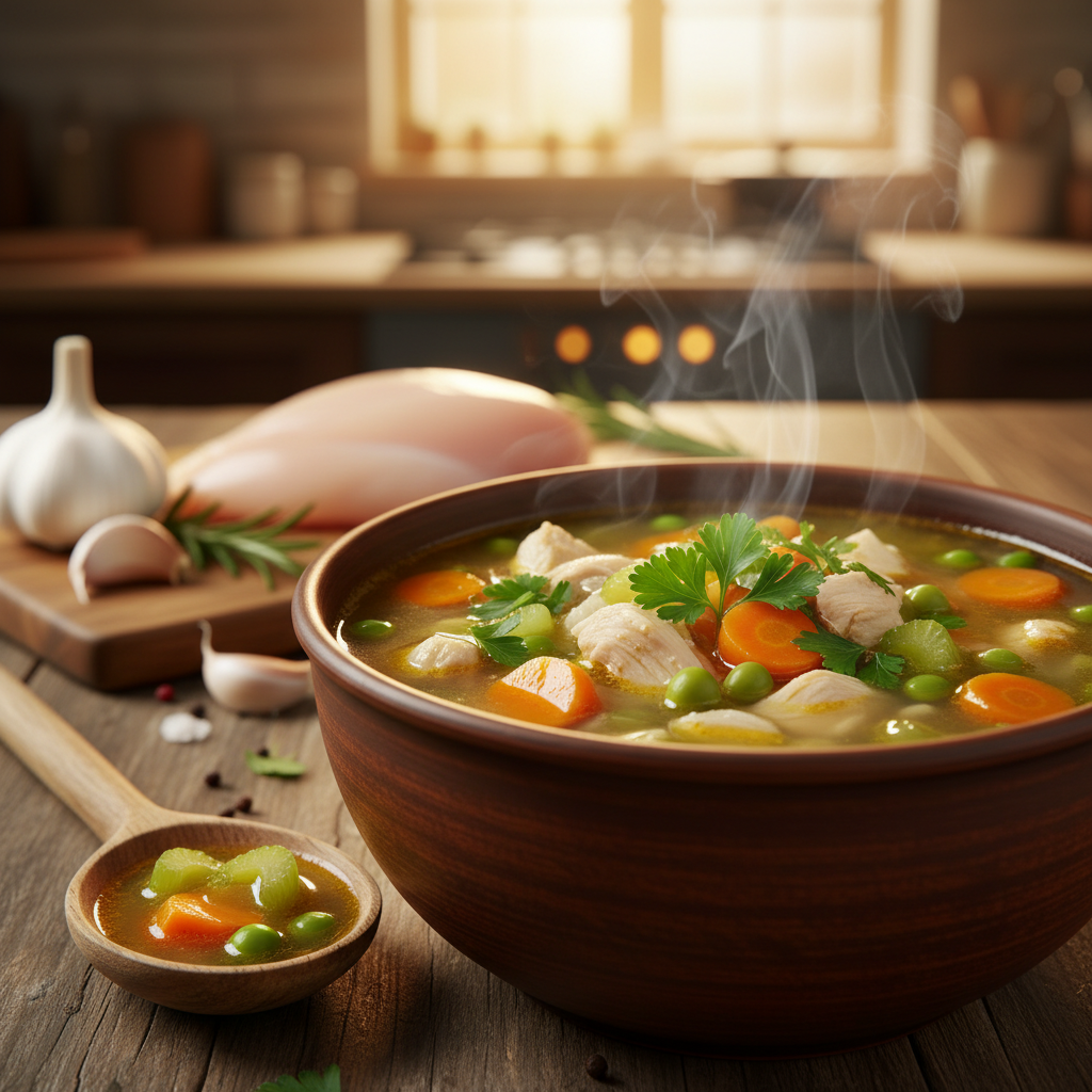 A cozy, steaming bowl of rich chicken soup filled with colorful, fresh vegetables like carrots, celery, and peas. The soup is garnished with a sprinkle of fresh parsley, highlighting its vibrant ingredients. In the foreground, a wooden spoon rests beside the bowl, emphasizing a home-cooked feel. The middle ground features a rustic kitchen table adorned with wholesome ingredients, such as whole garlic bulbs and raw chicken breast, subtly arranged. The background showcases a softly lit kitchen setting with warm, ambient lighting, creating a welcoming atmosphere. The composition should have a shallow depth of field, focusing on the soup while the background remains softly blurred, evoking a comforting, healthy vibe perfect for wellness.