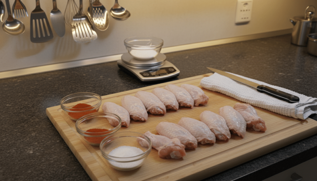 A detailed kitchen scene featuring various techniques for preparing chicken wings. In the foreground, a clean wooden cutting board with raw, whole chicken wings arranged neatly, some with freshly cut tips removed, showcasing expert slicing. There are small bowls filled with different seasonings like paprika, garlic powder, and salt, ready for use, with a dry towel to pat the wings dry nearby. The middle ground highlights a countertop cluttered with a digital scale and a knife, symbolizing precision in preparation. In the background, soft warm lighting illuminates the space, casting a cozy atmosphere, complemented by kitchen utensils hanging on a wall. Capture the focus on cleanliness and preparation, depicting a sense of anticipation for cooking delicious wings. A detailed kitchen scene featuring various techniques for preparing chicken wings. In the foreground, a clean wooden cutting board with raw, whole chicken wings arranged neatly, some with freshly cut tips removed, showcasing expert slicing. There are small bowls filled with different seasonings like paprika, garlic powder, and salt, ready for use, with a dry towel to pat the wings dry nearby. The middle ground highlights a countertop cluttered with a digital scale and a knife, symbolizing precision in preparation. In the background, soft warm lighting illuminates the space, casting a cozy atmosphere, complemented by kitchen utensils hanging on a wall. Capture the focus on cleanliness and preparation, depicting a sense of anticipation for cooking delicious wings.