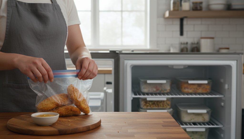 A kitchen scene showcasing the process of storing chicken tenders for later use. In the foreground, a person wearing a casual apron carefully places freshly cooked, crispy chicken tenders into a clear, resealable plastic bag, with a few tenders slightly protruding for visibility. The bag is placed on a wooden countertop, surrounded by a small bowl of dipping sauce and a cutting board. In the middle ground, an open freezer door reveals neatly stacked containers, indicating proper storage methods. The background includes a well-organized kitchen with soft, natural light streaming through a window, creating a warm and inviting atmosphere. The overall mood conveys convenience and readiness for a delicious meal anytime. A kitchen scene showcasing the process of storing chicken tenders for later use. In the foreground, a person wearing a casual apron carefully places freshly cooked, crispy chicken tenders into a clear, resealable plastic bag, with a few tenders slightly protruding for visibility. The bag is placed on a wooden countertop, surrounded by a small bowl of dipping sauce and a cutting board. In the middle ground, an open freezer door reveals neatly stacked containers, indicating proper storage methods. The background includes a well-organized kitchen with soft, natural light streaming through a window, creating a warm and inviting atmosphere. The overall mood conveys convenience and readiness for a delicious meal anytime.
